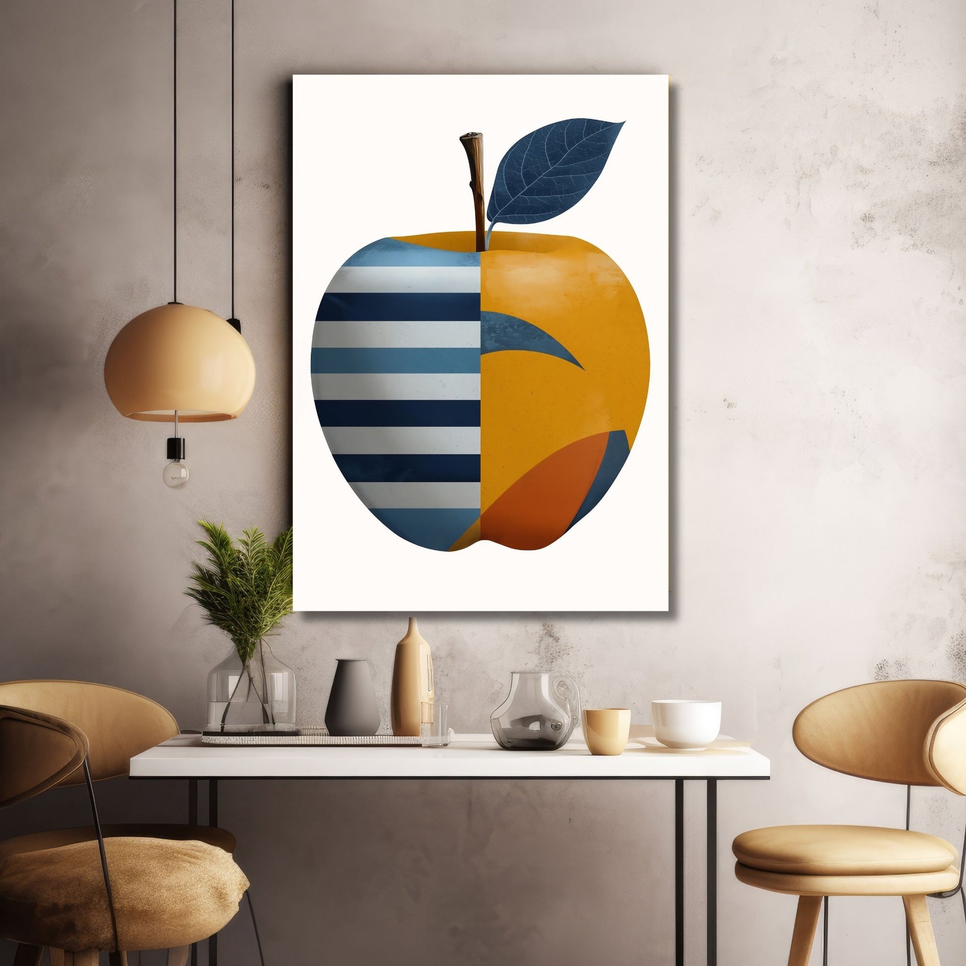 Illustrasjonen av et eple, dekorert med abstrakte former i livlige røde, gule og blåfarger. Bakgrunn i beige. Fås som plakat og lerret. Illustrasjonen viser motiv på lerret.