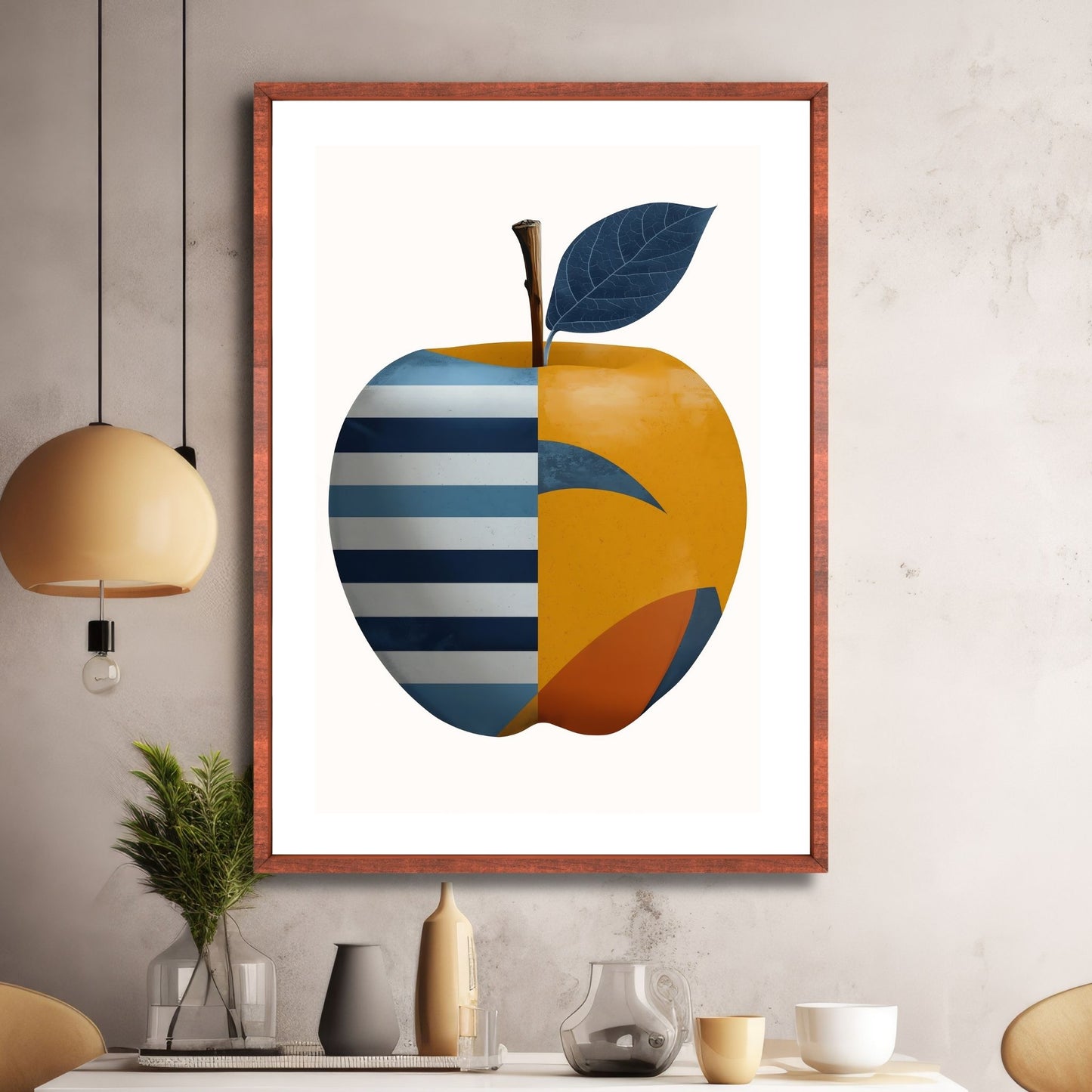 Illustrasjonen av et eple, dekorert med abstrakte former i livlige røde, gule og blåfarger. Bakgrunn i beige. Fås som plakat og lerret. Illustrasjon viser motiv i eikeramme.