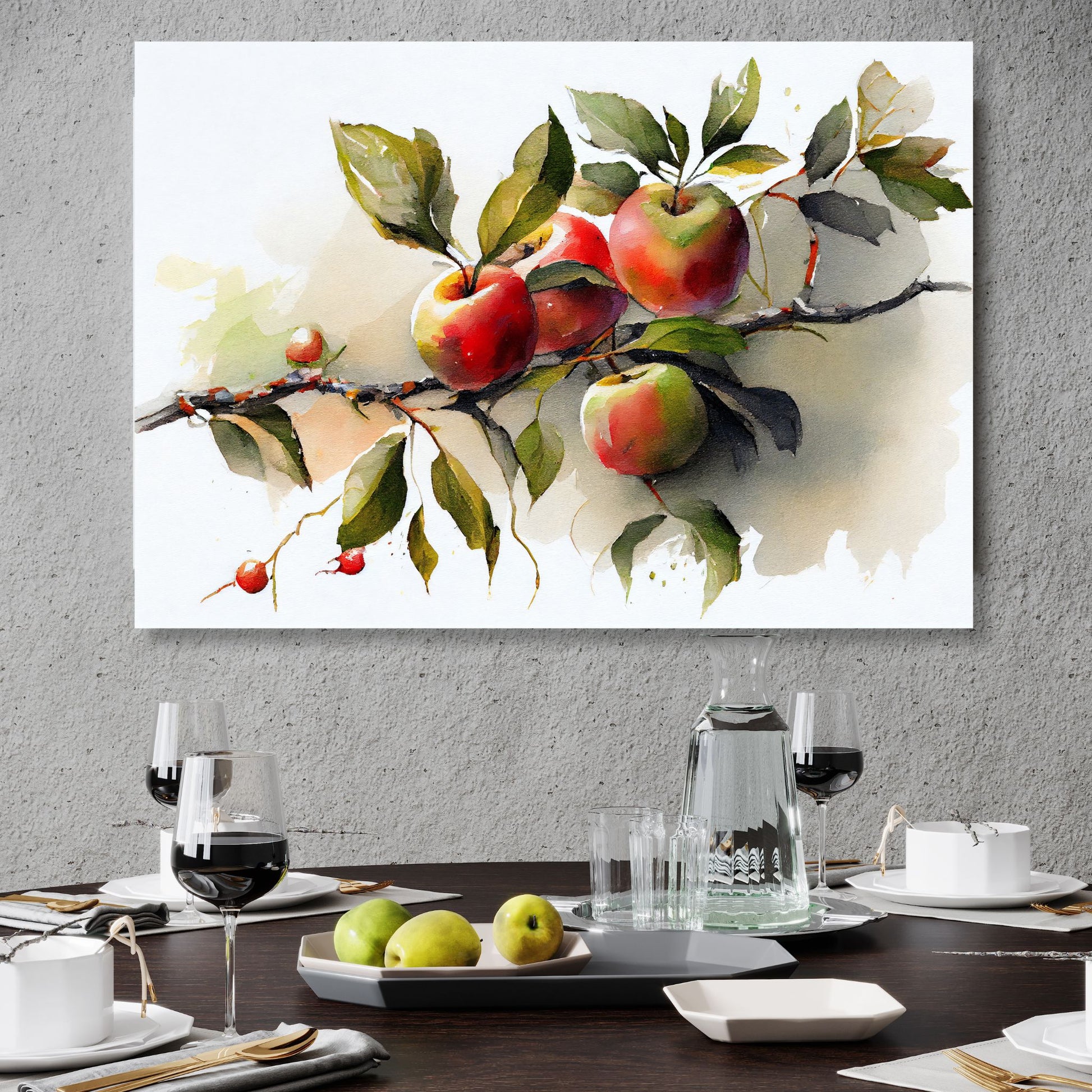 Grafisk akvarell av en kvist med fire rødgrønne epler. Illustrasjon viser motiv på leret over et spisebord.