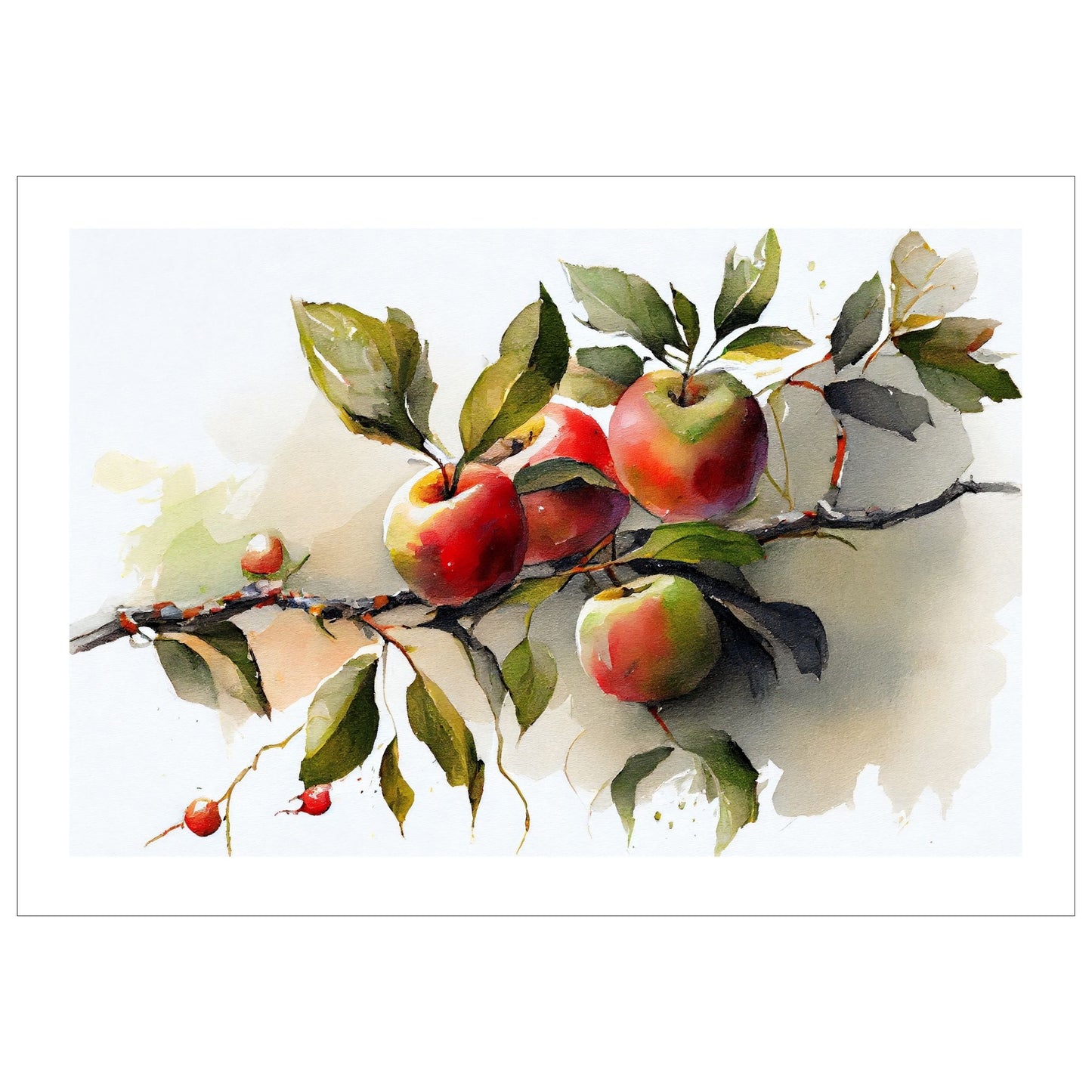 Grafisk akvarell av en kvist med fire rødgrønne epler.