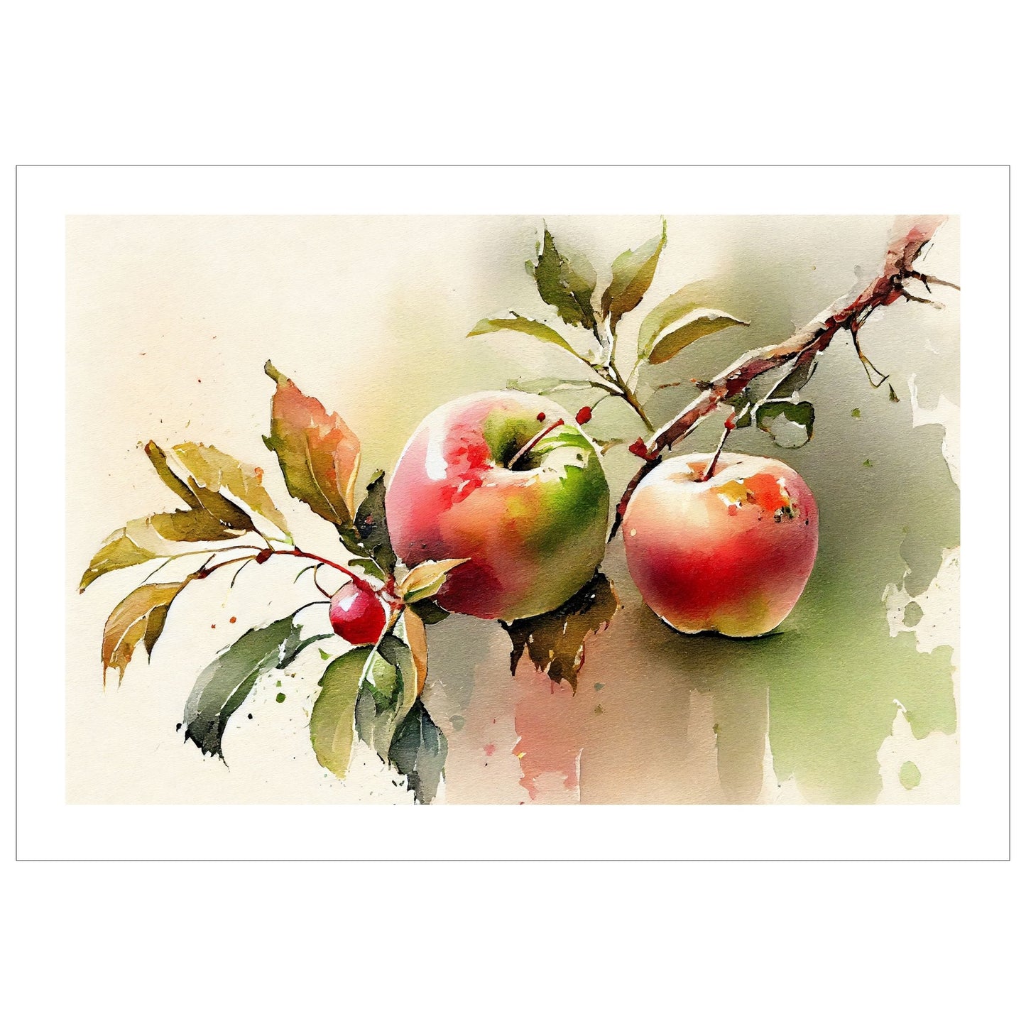 Grafisk akvarell av en kvist med to rødgrønne epler.