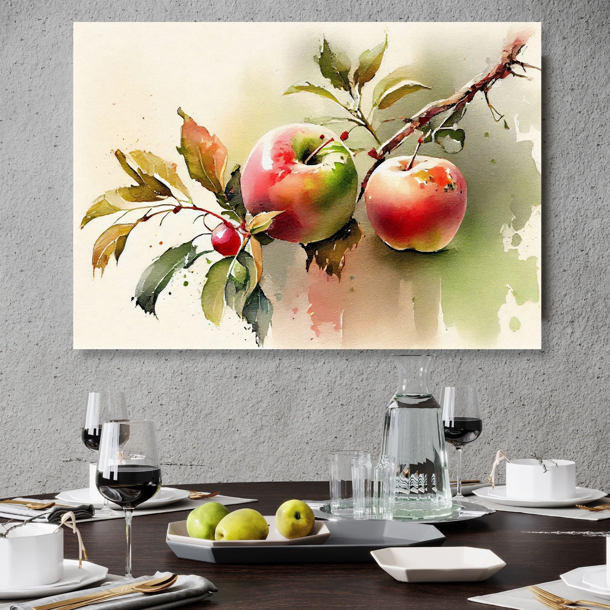 Grafisk akvarell av en kvist med to rødgrønne epler. Illustrasjon viser motiv på leret over et spisebord.