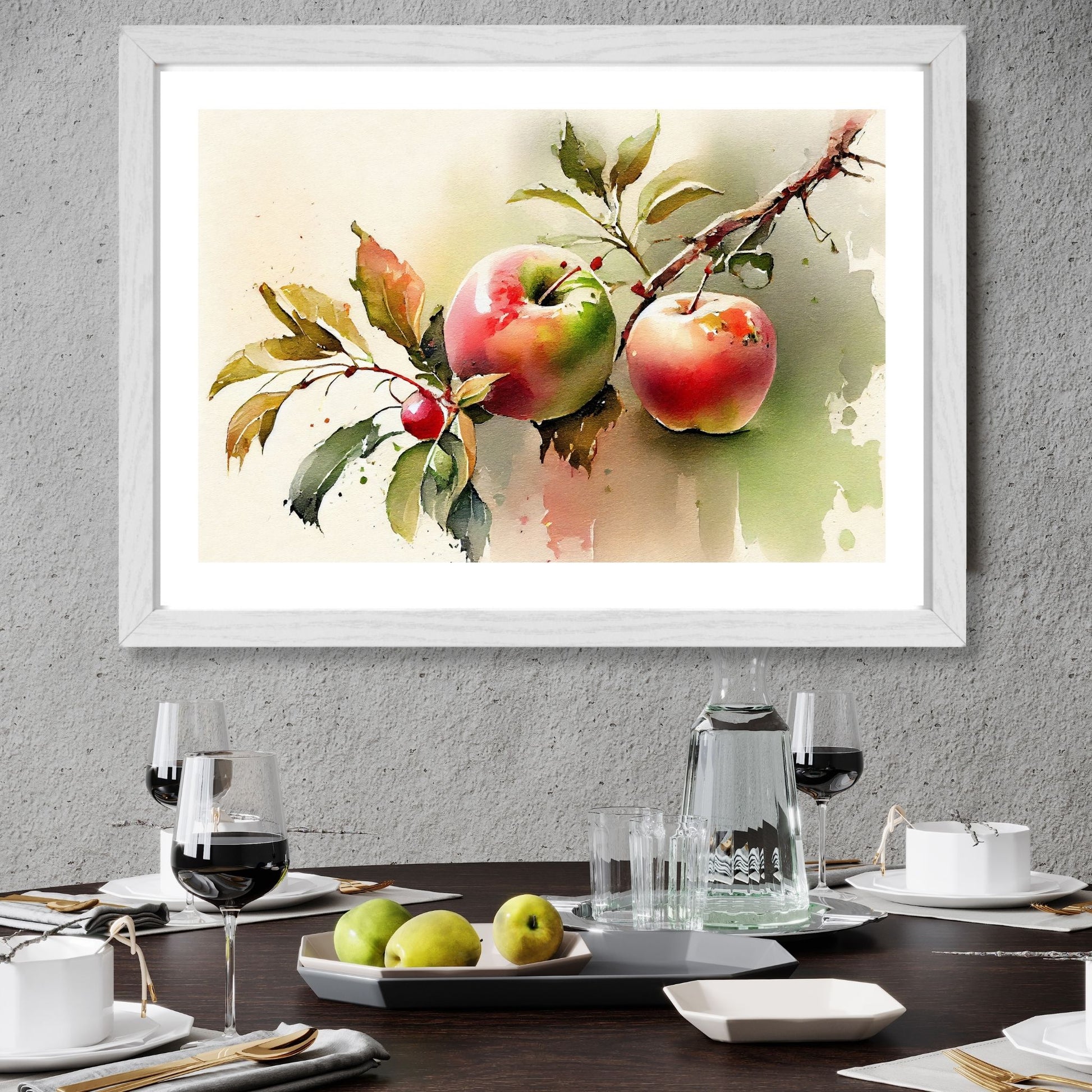Grafisk akvarell av en kvist med to rødgrønne epler. Illustrasjon viser motivet i en grå ramme.