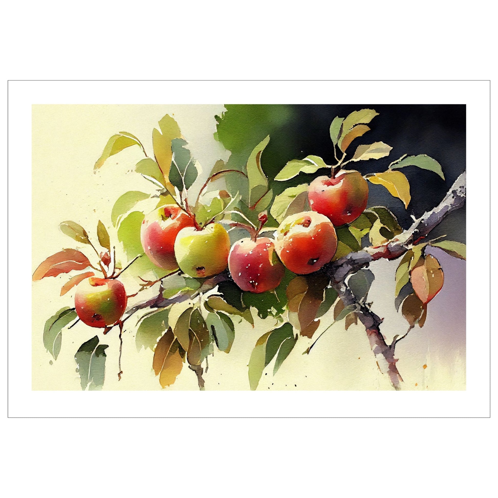 Grafisk akvarell av en kvist med seks rødgrønne epler.
