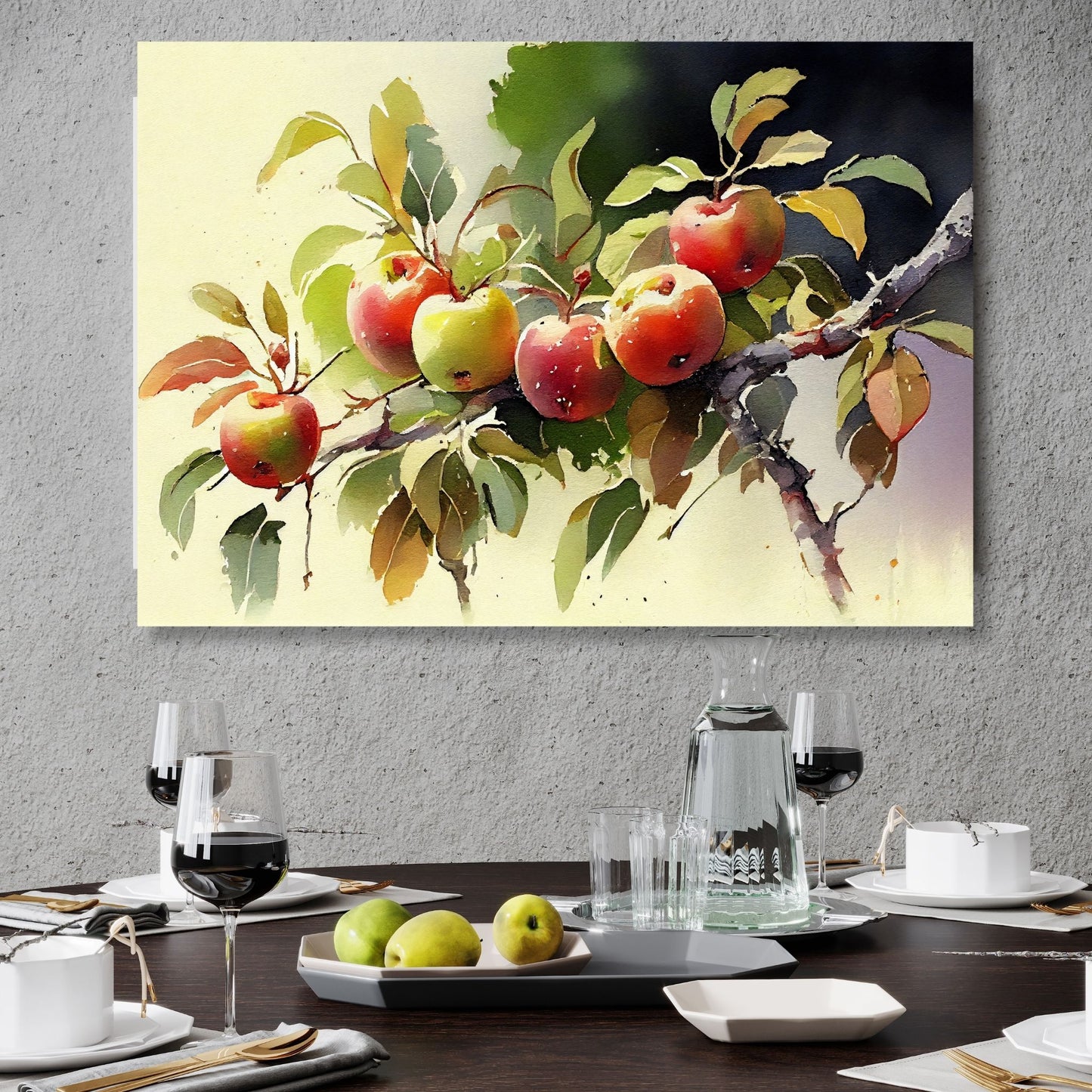 Grafisk akvarell av en kvist med seks rødgrønne epler. Illustrasjon viser motiv på leret over et spisebord.