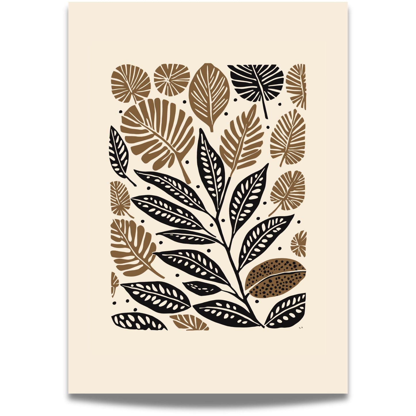 Earthy Leaves er en vakker botanisk plakat med stiliserte blader i svart og varme jordfarger. Illustrasjon viser motiv med bred kant.