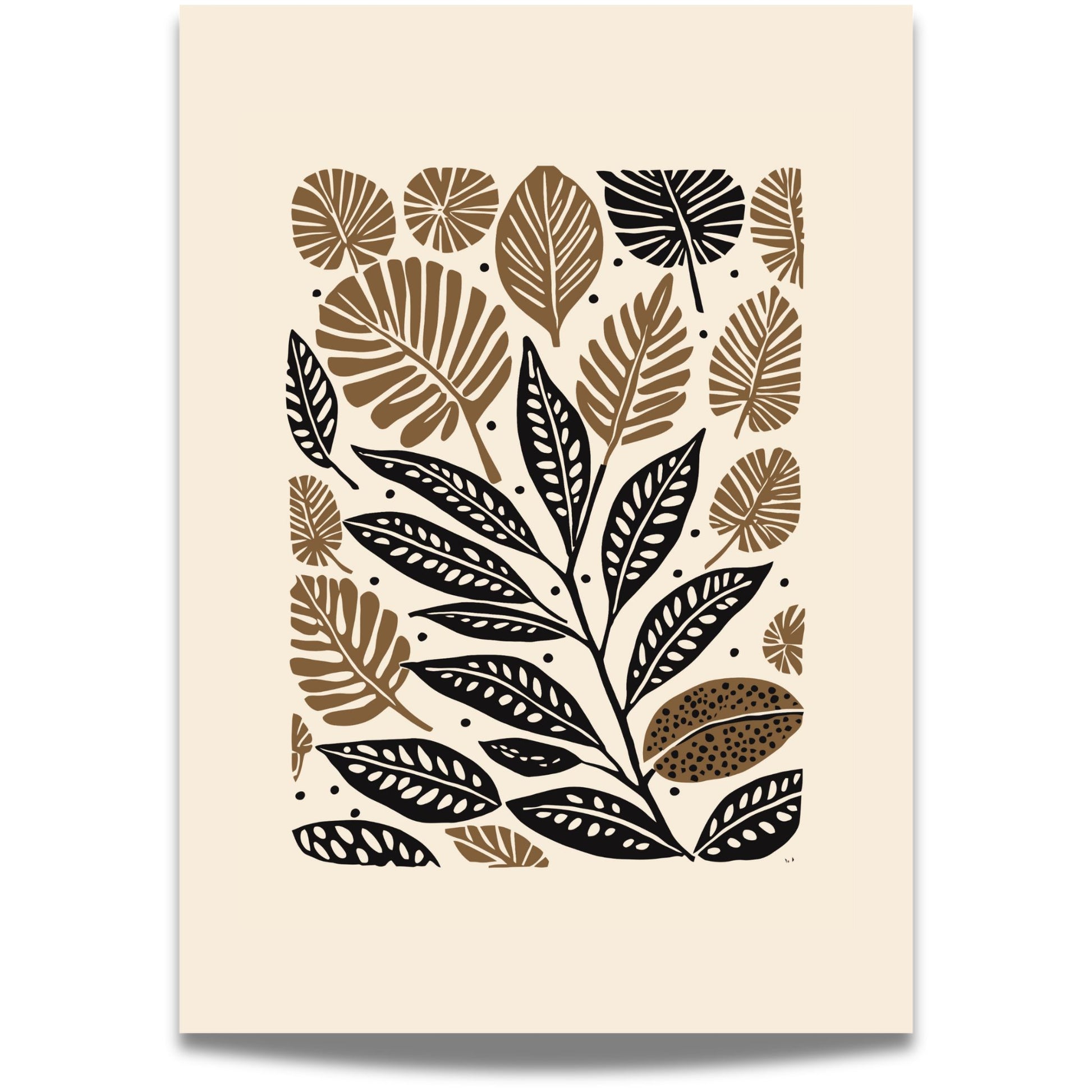 Earthy Leaves er en vakker botanisk plakat med stiliserte blader i svart og varme jordfarger. Illustrasjon viser motiv med bred kant.