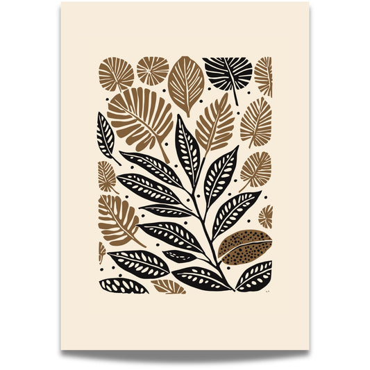 Earthy Leaves er en vakker botanisk plakat med stiliserte blader i svart og varme jordfarger. Illustrasjon viser motiv med bred kant.