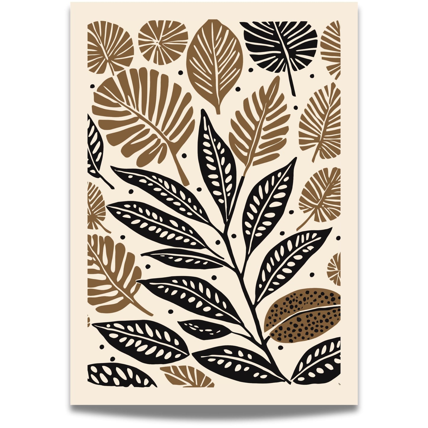 Earthy Leaves er en vakker botanisk plakat med stiliserte blader i svart og varme jordfarger. Illustrasjon viser motiv med smal kant.
