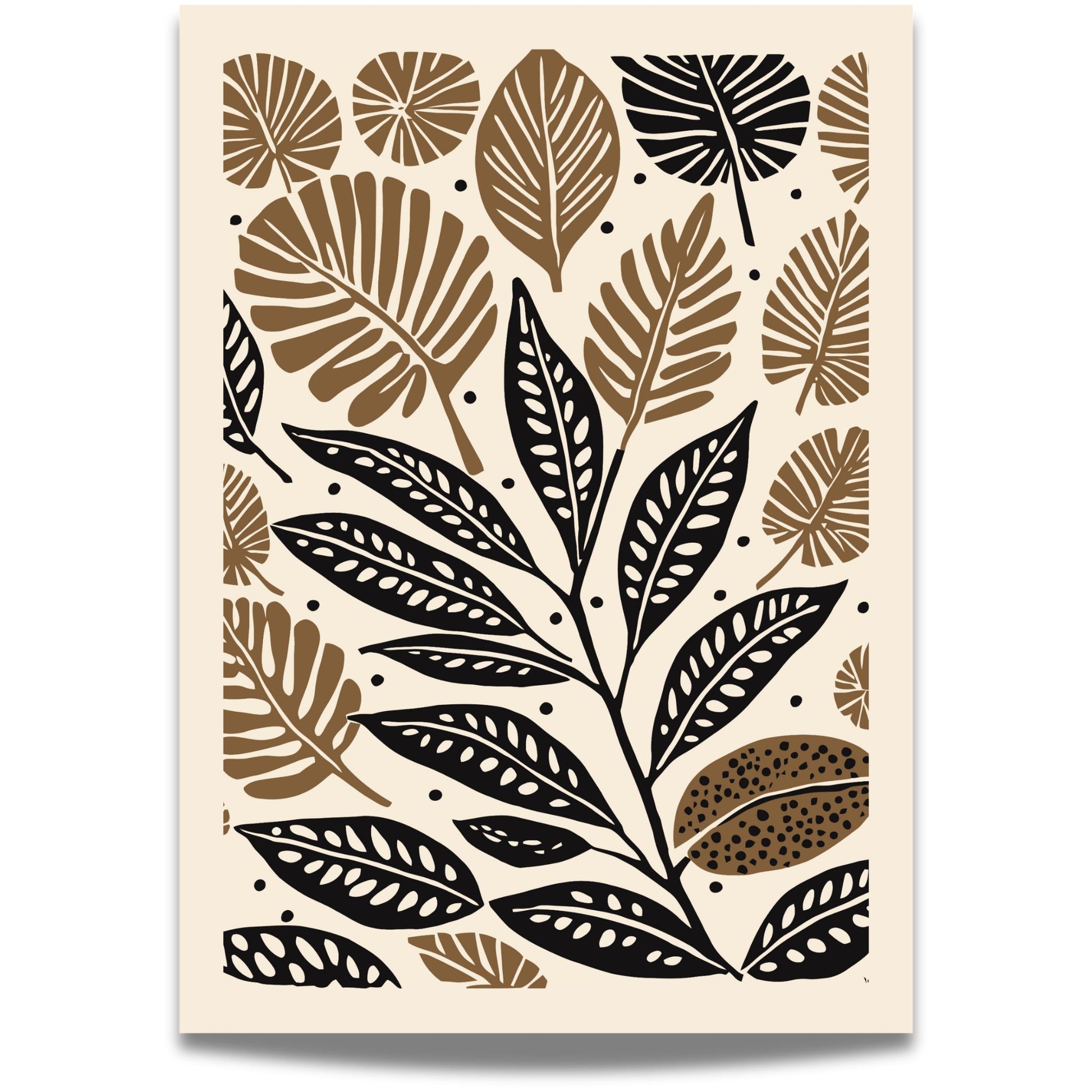 Earthy Leaves er en vakker botanisk plakat med stiliserte blader i svart og varme jordfarger. Illustrasjon viser motiv med smal kant.