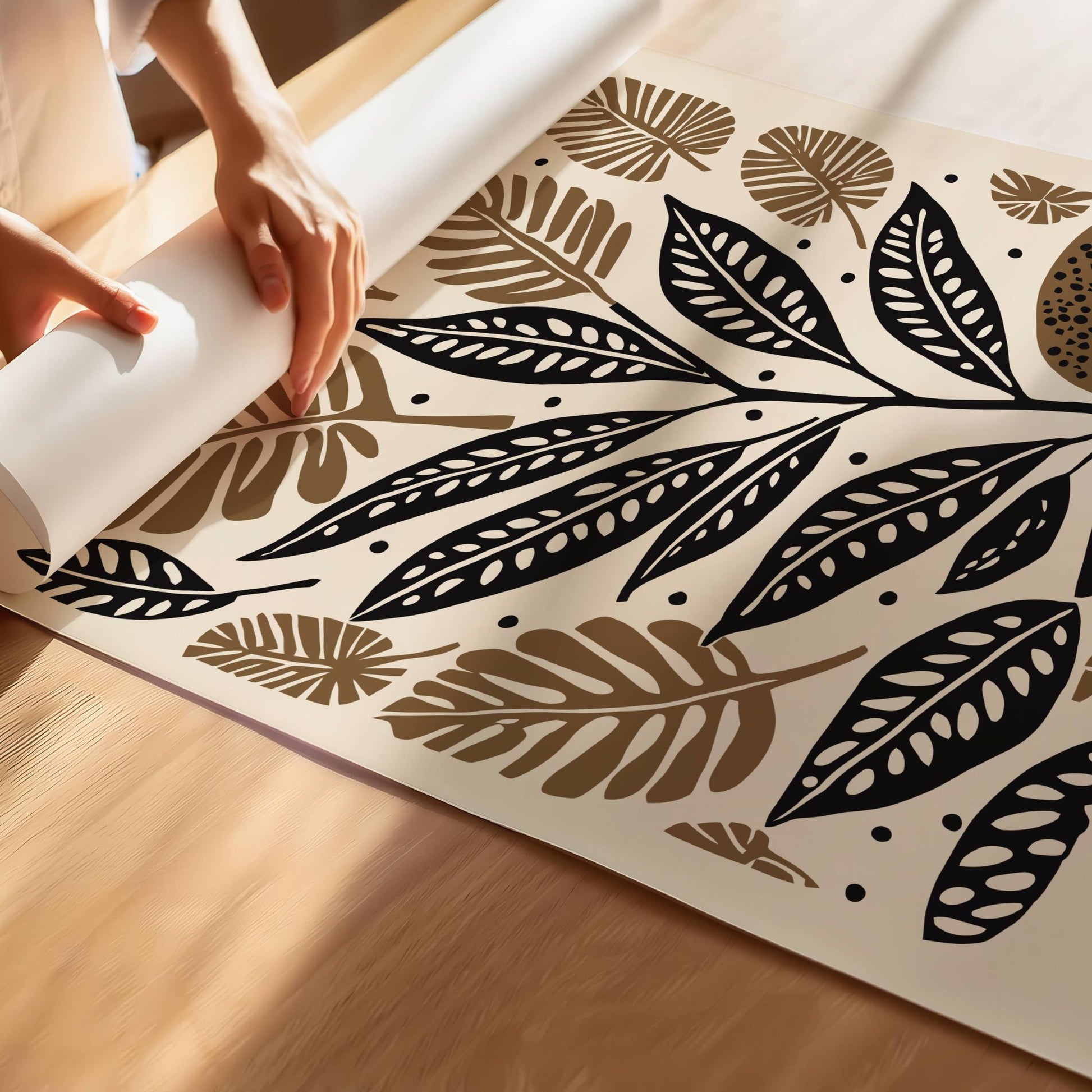 Earthy Leaves er en vakker botanisk plakat med stiliserte blader i svart og varme jordfarger. Illustrasjon viser motiv med smal kant på print.