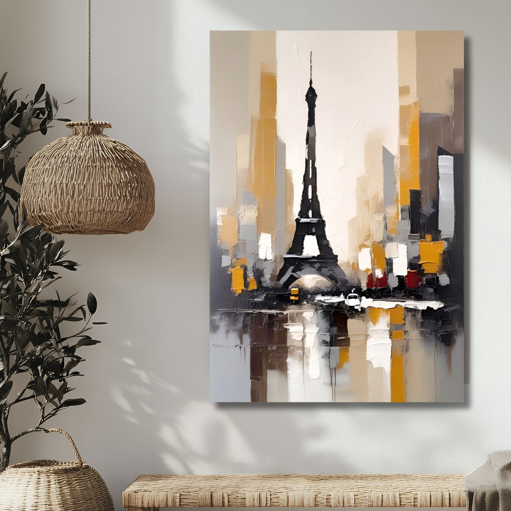 Gjør interiøret ditt unikt med "Eiffeltårnet i Gulltoner", et kunstverk som kombinerer Paris' ikoniske Eiffeltårn med en moderne, abstrakt stil. Illustrasjon viser moivet på lerret.