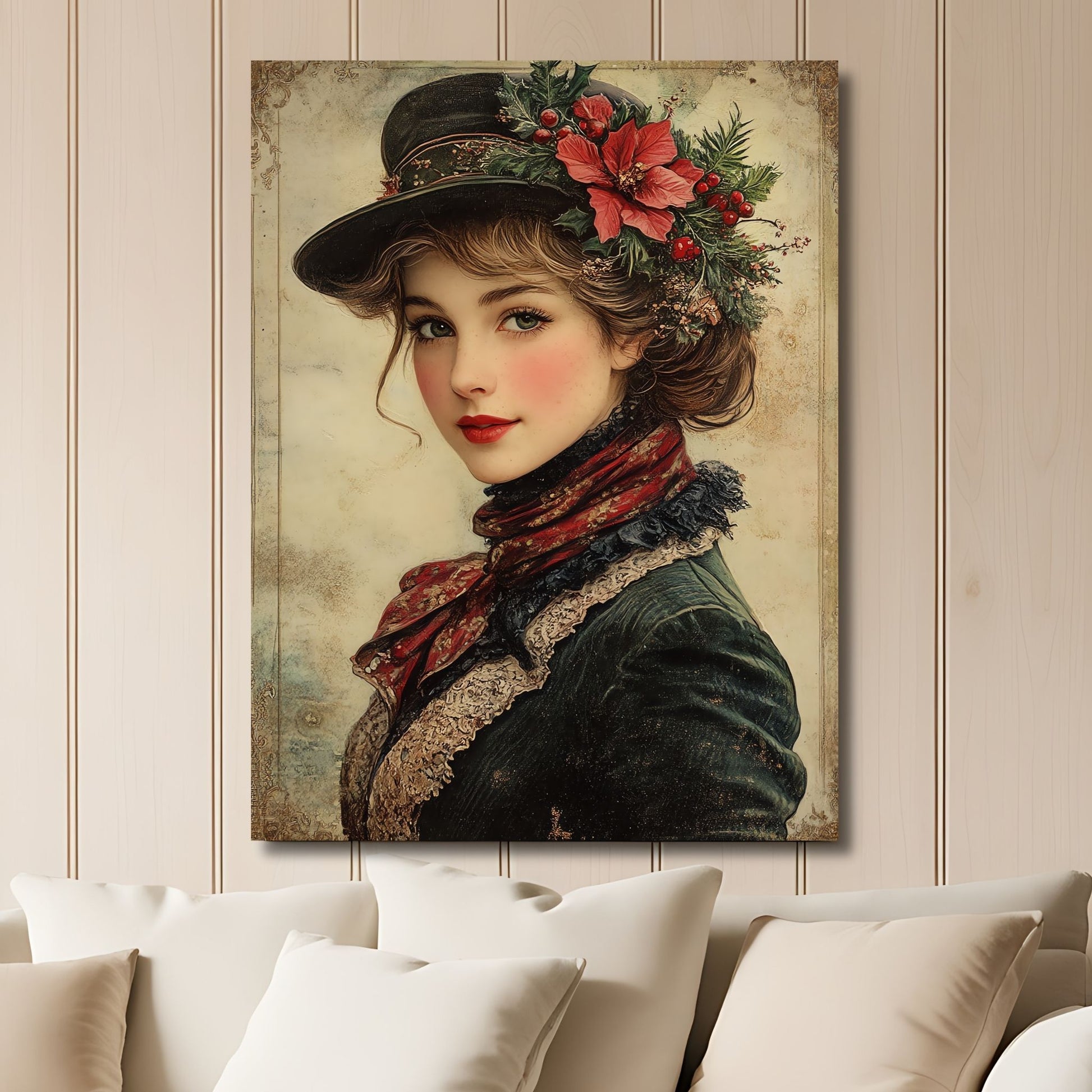 Dette vakre motivet er et portrett av en stilsikker kvinne i klassisk juleantrekk, med blomsterdetaljer og varme toner som rammer inn motivet. Illustrasjon viser motivet på lerret.