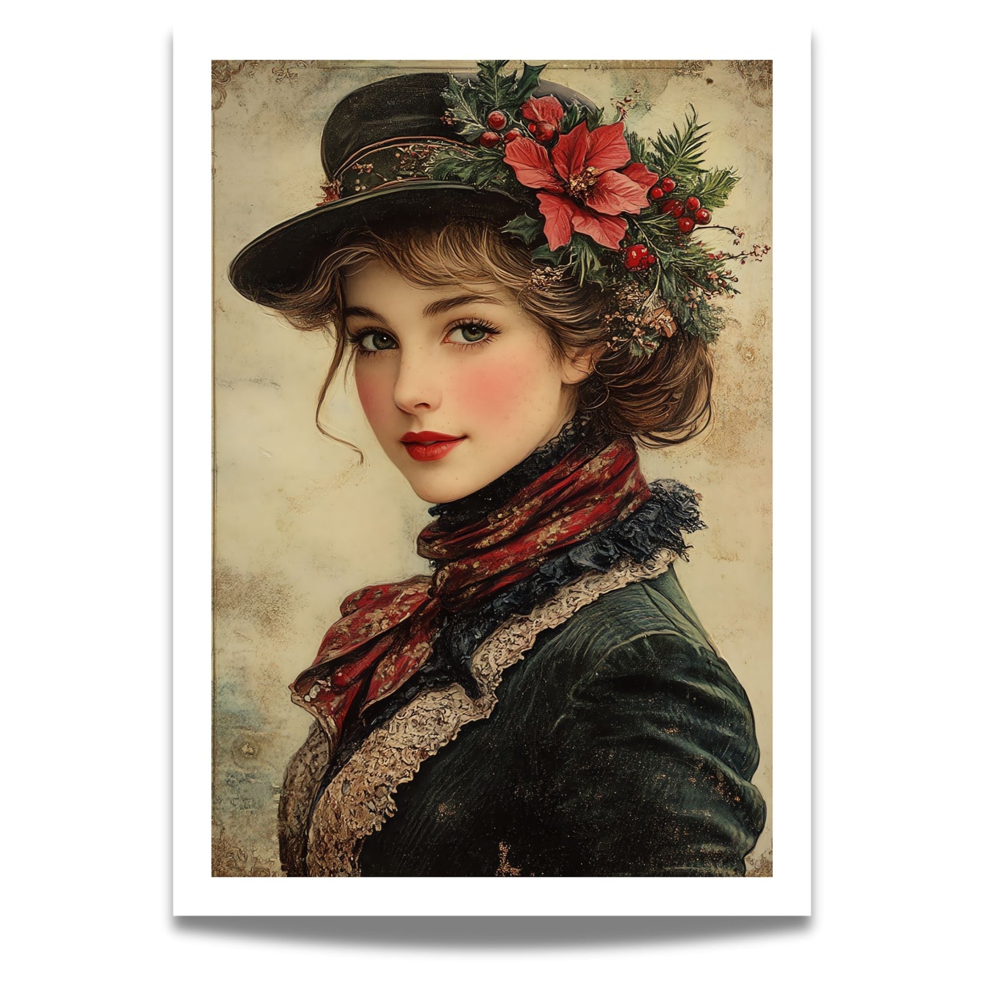 Dette vakre motivet er et portrett av en stilsikker kvinne i klassisk juleantrekk, med blomsterdetaljer og varme toner som rammer inn motivet.