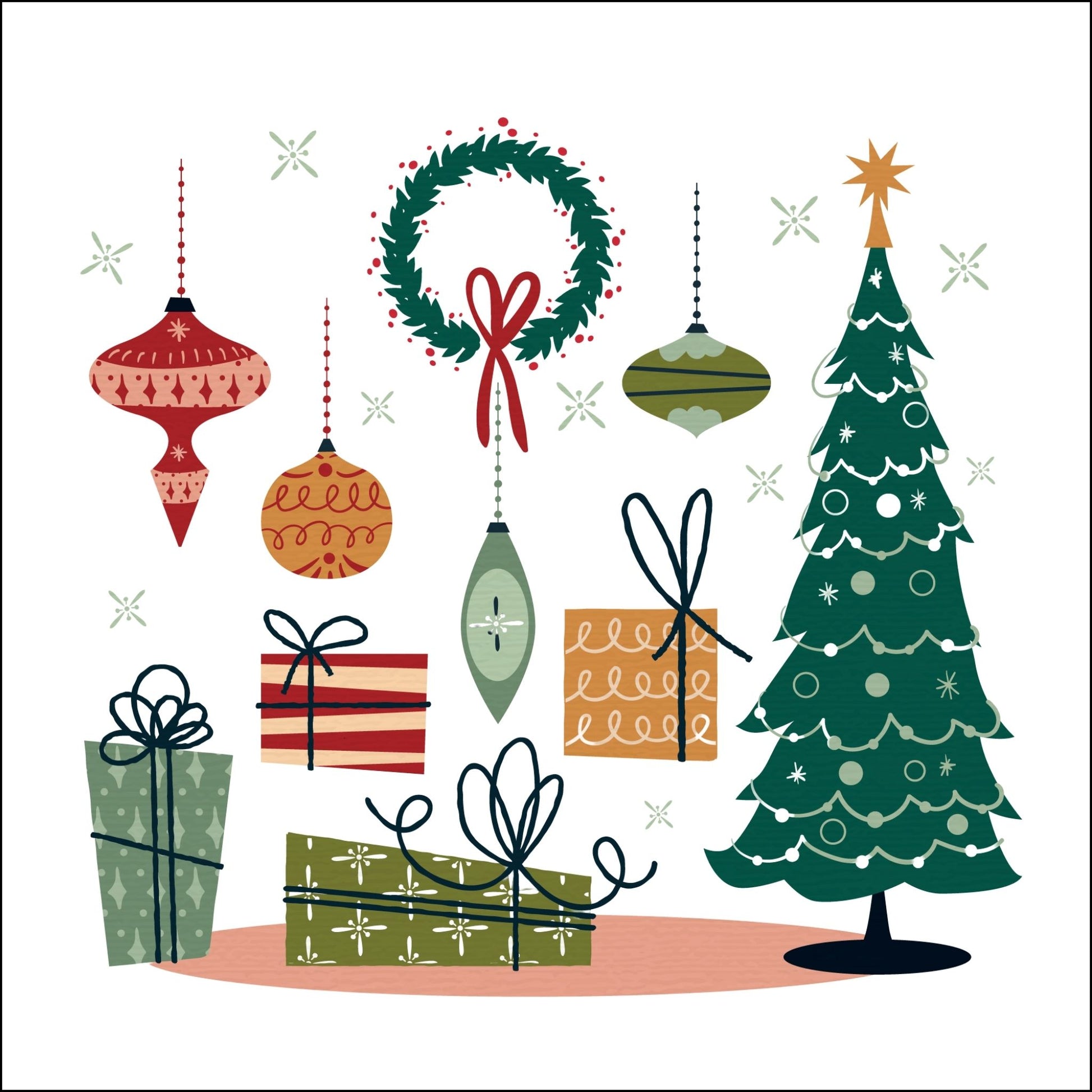 Dekorativt julemotiv av håndtegnet julefigurer av juletre, julepakker, julekuler og julekrans.