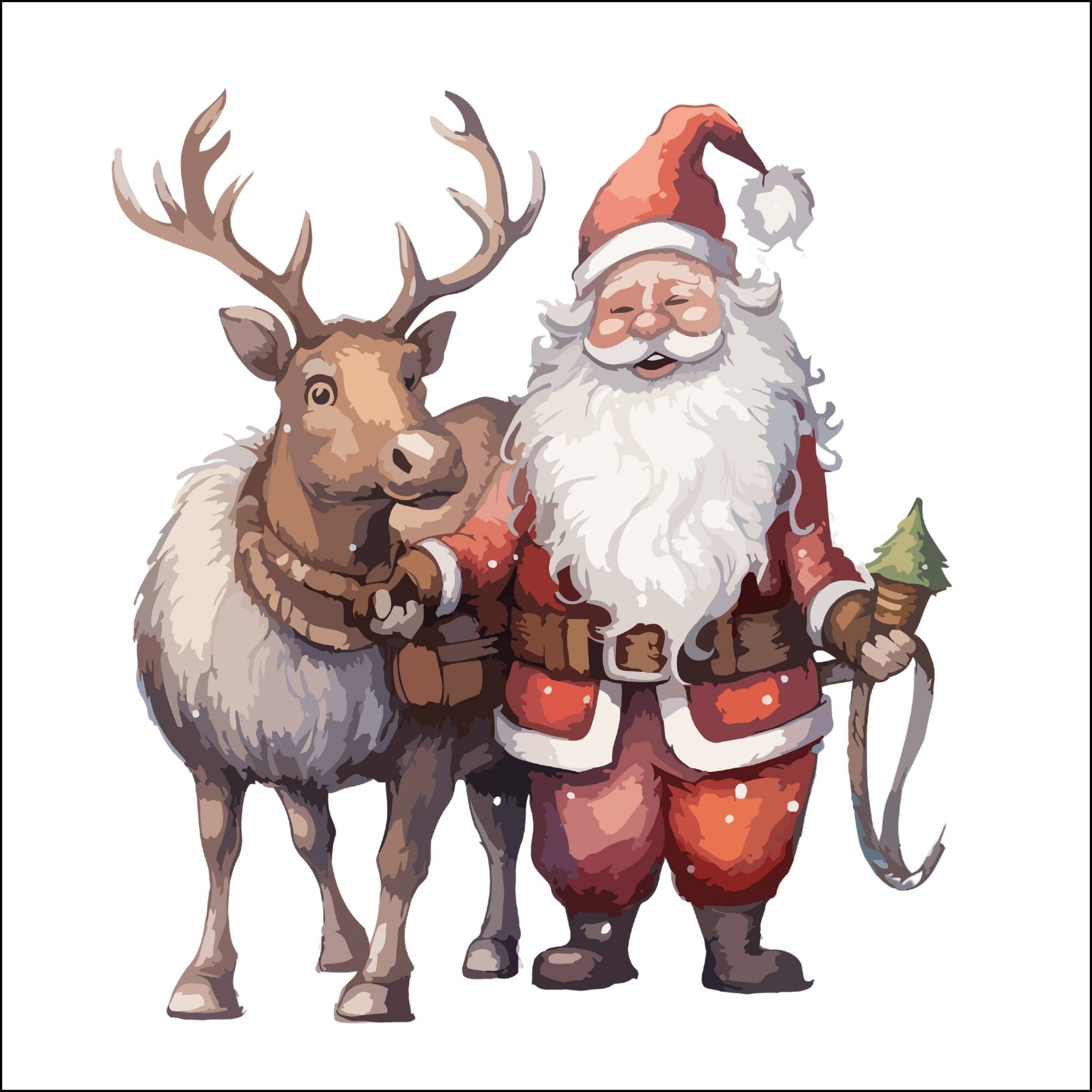 Dekorativt julemotiv av julenisse og reinsdyr.