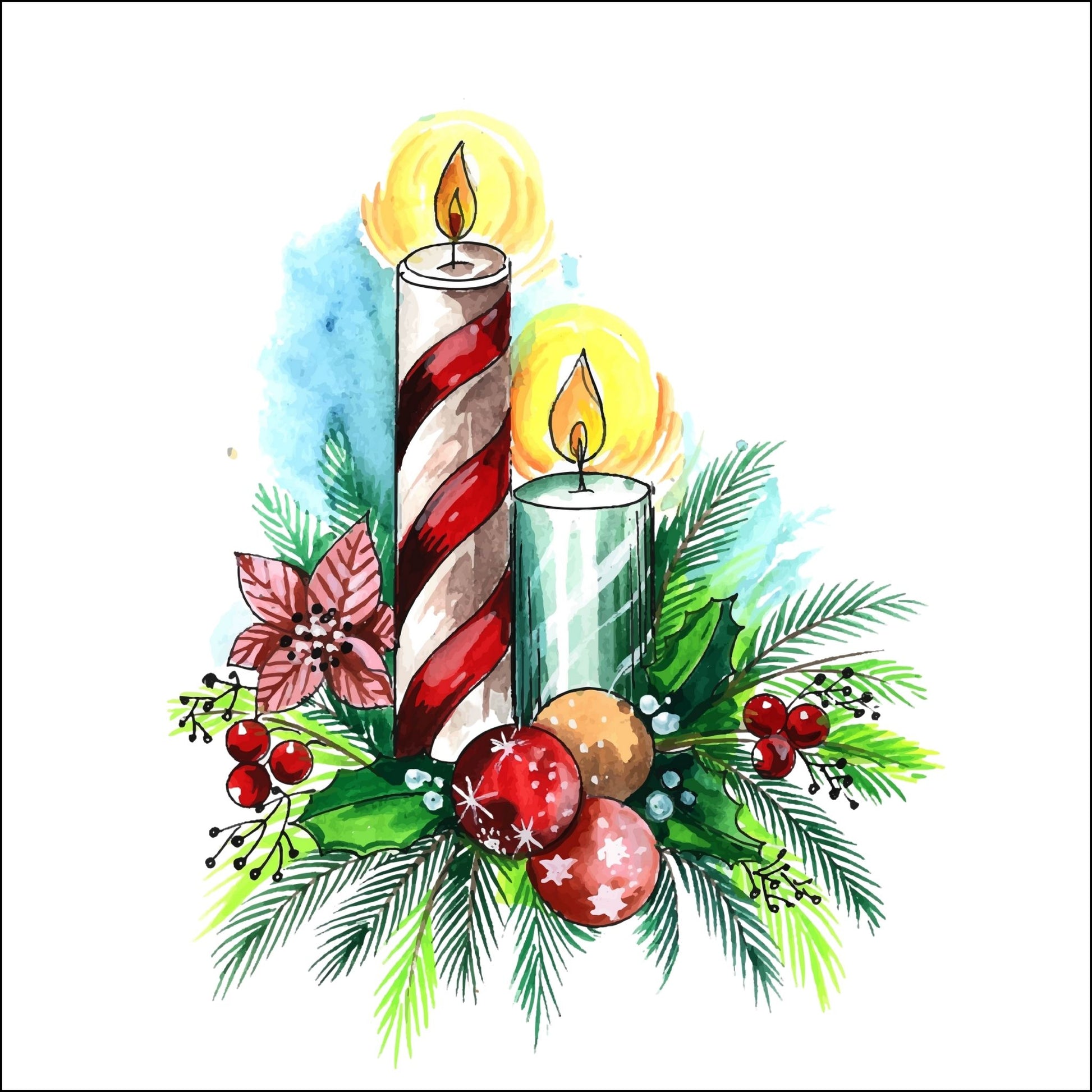 Dekorativt motiv av en juledekorasjon med julekuler og to lys.