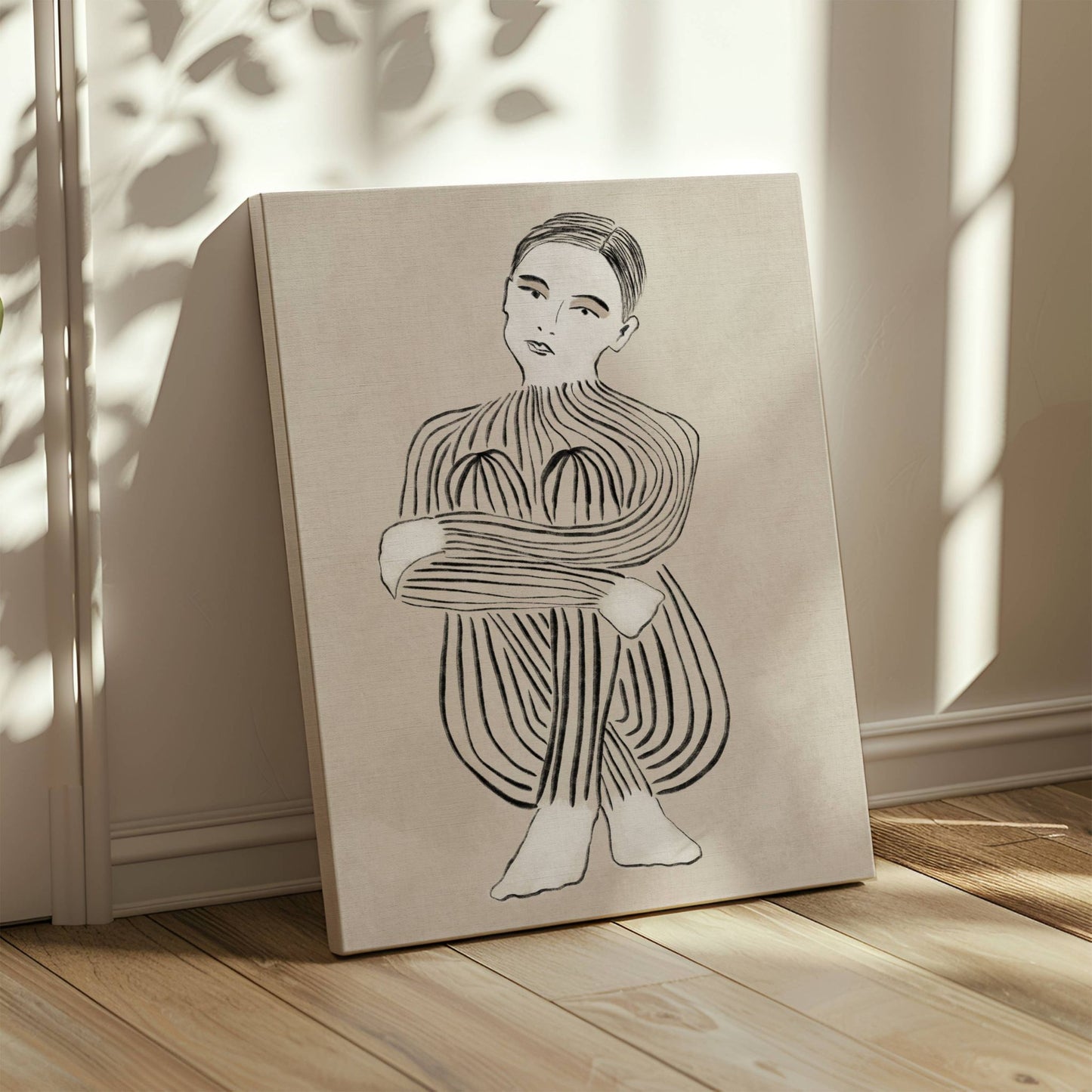 Embrace er et unikt og tankevekkende kunstverk som forener minimalisme og abstrakt form i en harmonisk komposisjon med en sittende kvinne. Illustrasjon viser motivet på lerret.