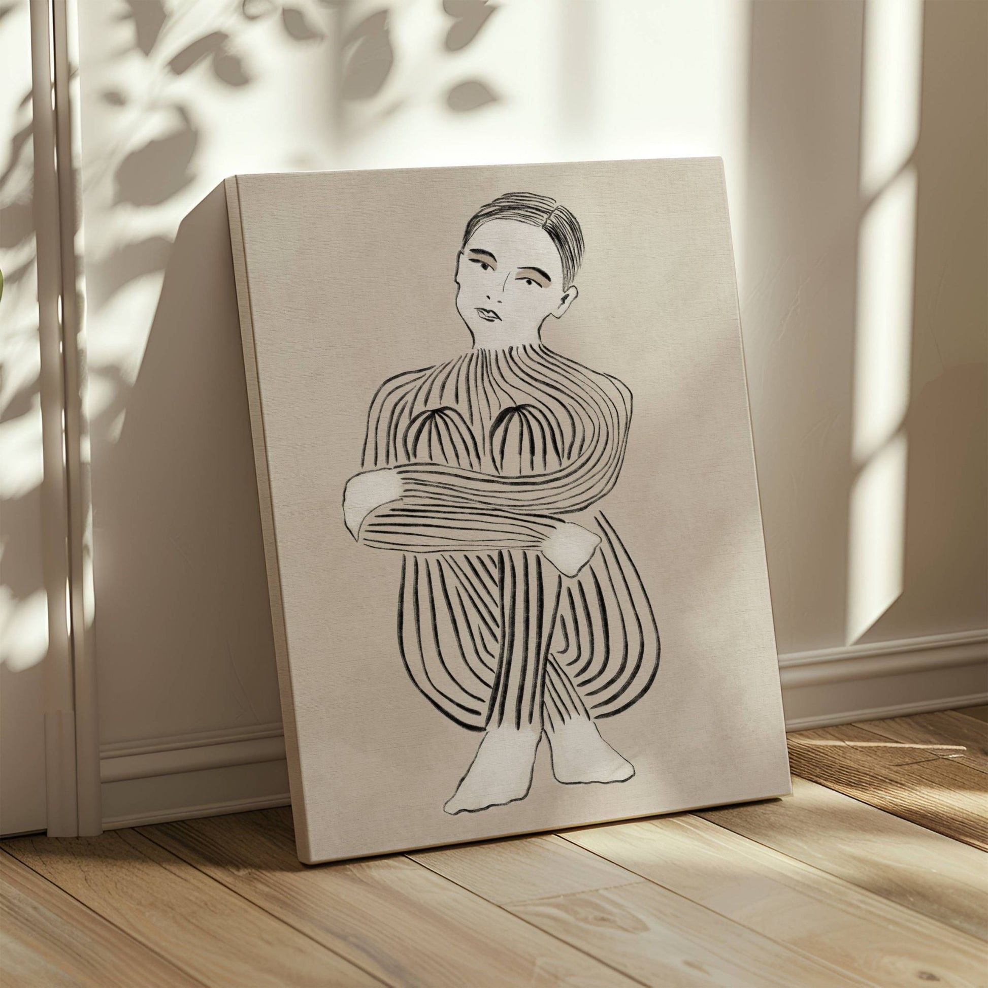 Embrace er et unikt og tankevekkende kunstverk som forener minimalisme og abstrakt form i en harmonisk komposisjon med en sittende kvinne. Illustrasjon viser motivet på lerret.