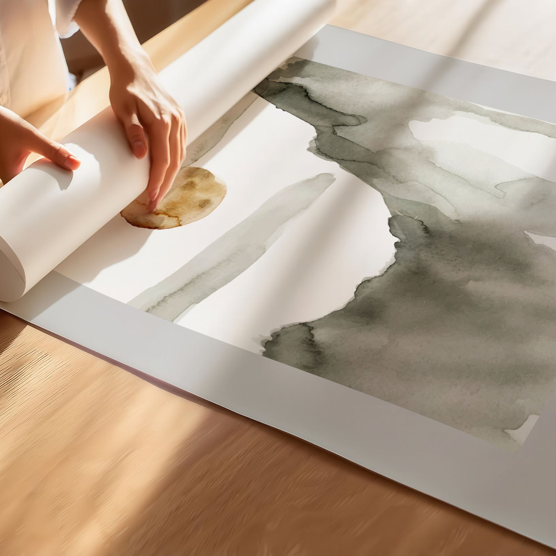 Motivet viser en ensom klippe som stiger opp mot himmelen, med en gyllen fullmåne omringet av sjeldne, svevende skyer – alt gjengitt i myke akvarelltoner av grått, hvitt og beige. Plakat har en bred, grå kant. 
