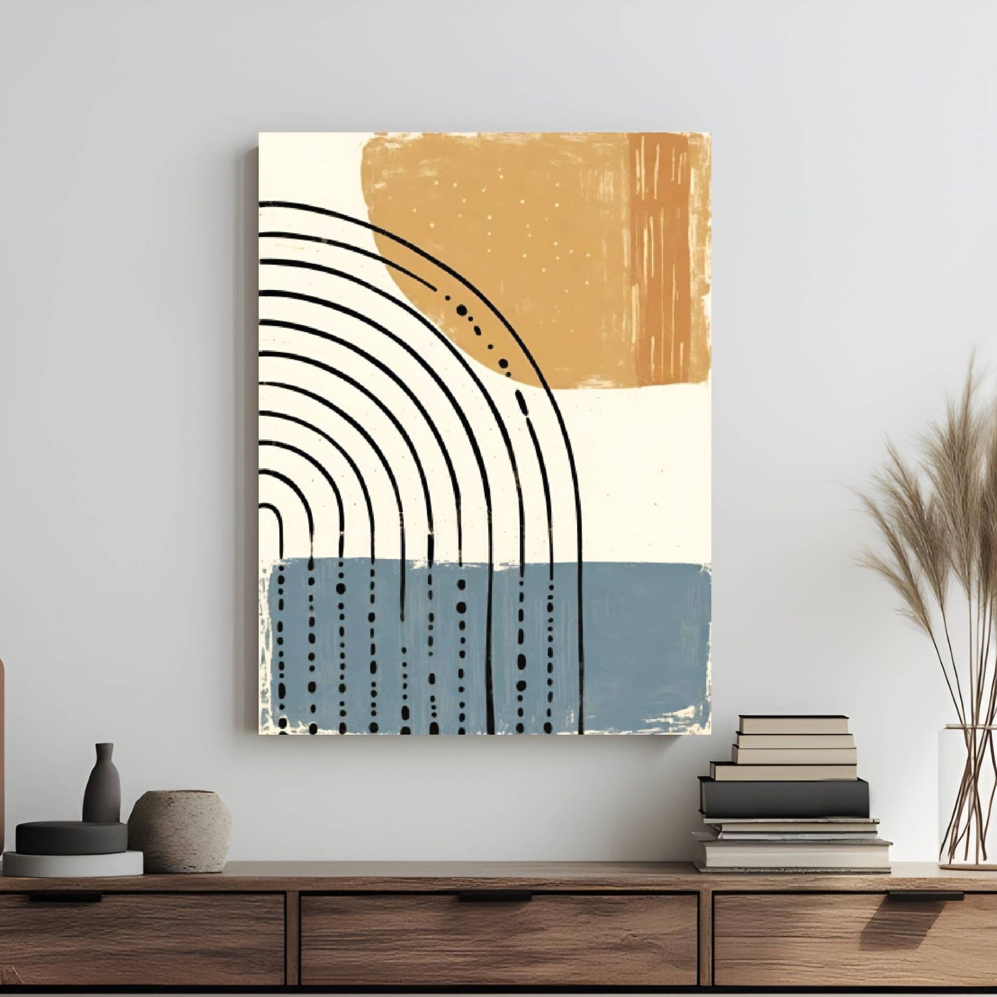 Ethereal Flow med myke linjer, balanserte kurver og naturlige jordtoner i blått og beige, skaper denne plakaten en rolig og sofistikert atmosfære. Illustrasjon viser motivet på lerret.
