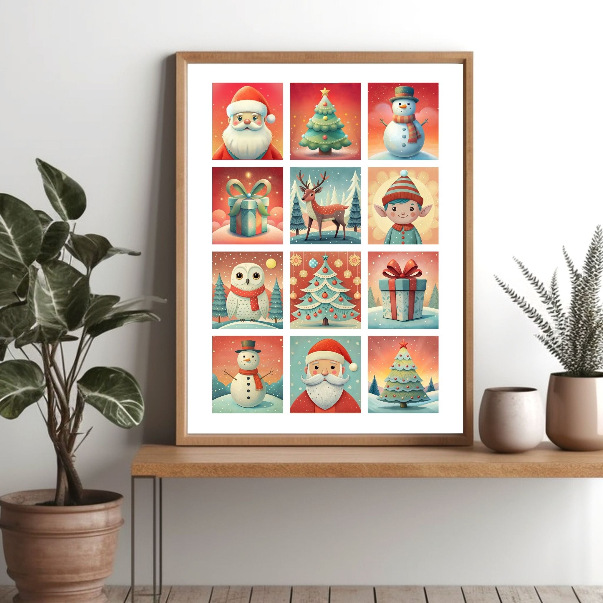 Eventyrlig Jul plakat er designet for å fange essensen av julens magi, og plakaten er fylt med fargerike og koselige illustrasjoner. Illustrasjonsfoto viser plakat i lys ramme.