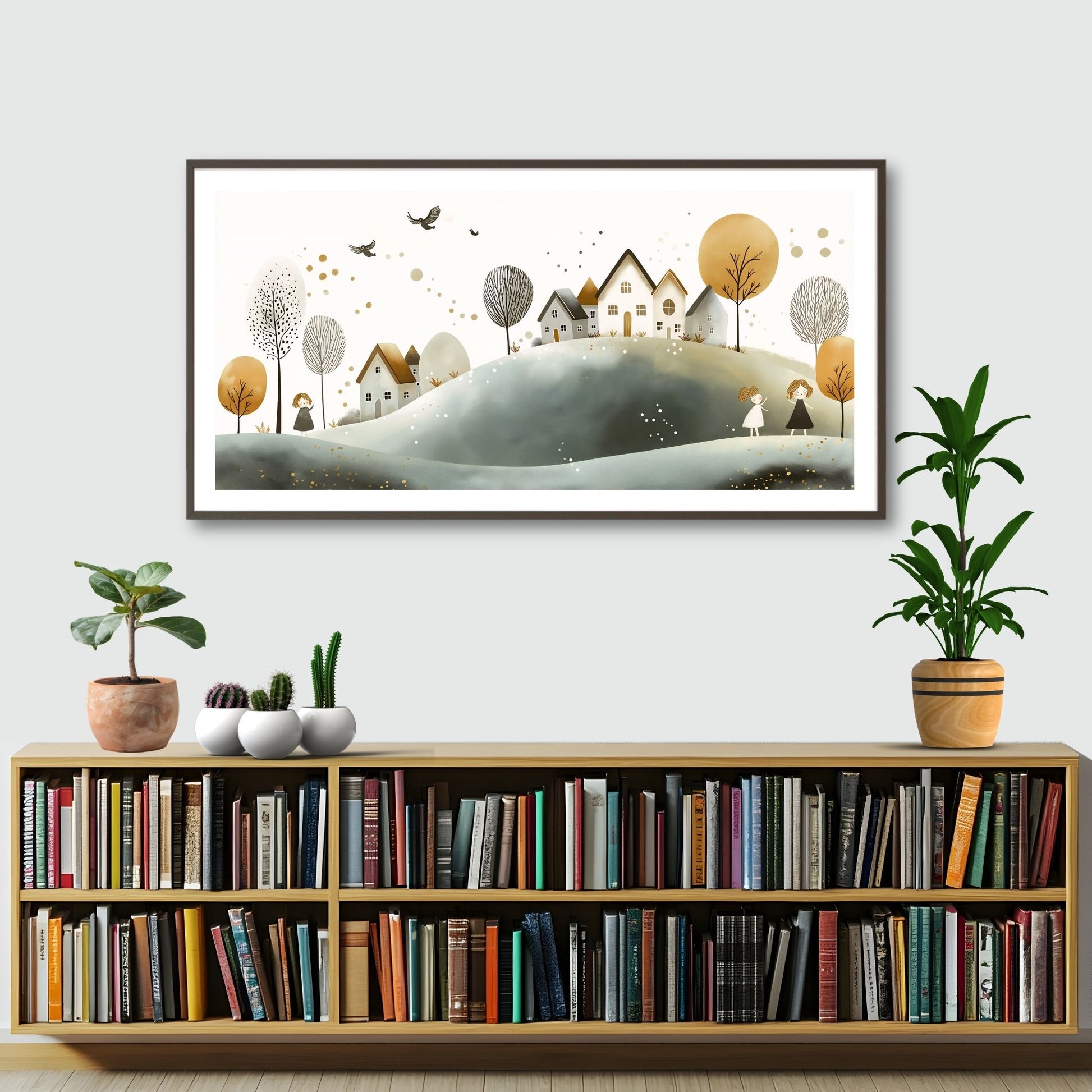 Eventyrlig Landsby, en kunstplakat eller lerret som tar deg med til et idyllisk landskap med varme toner og sjarmerende illustrasjoner. Illustrasjon viser motivet som stor plakat med hvit kant i ramme.