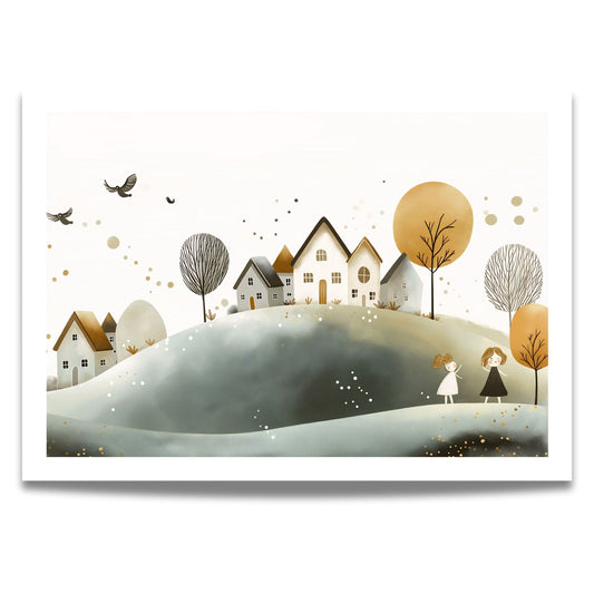 Eventyrlig Landsby, en kunstplakat eller lerret som tar deg med til et idyllisk landskap med varme toner og sjarmerende illustrasjoner. 