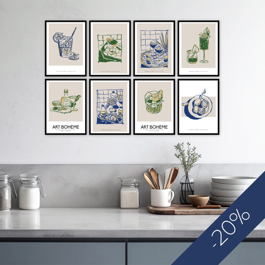 Art Bohème – en serie fargerike og grafiske plakater inspirert av mat, drikke og hverdagsglede. Illustrasjon viser hele serien  med 8 motiver sort ramme.