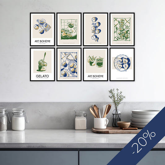 Everyday Delights - Fruit &amp; Form – plakatsett med frukt, dessert og grafisk eleganse. Illustrasjon viser hele serien med 8 motiver.