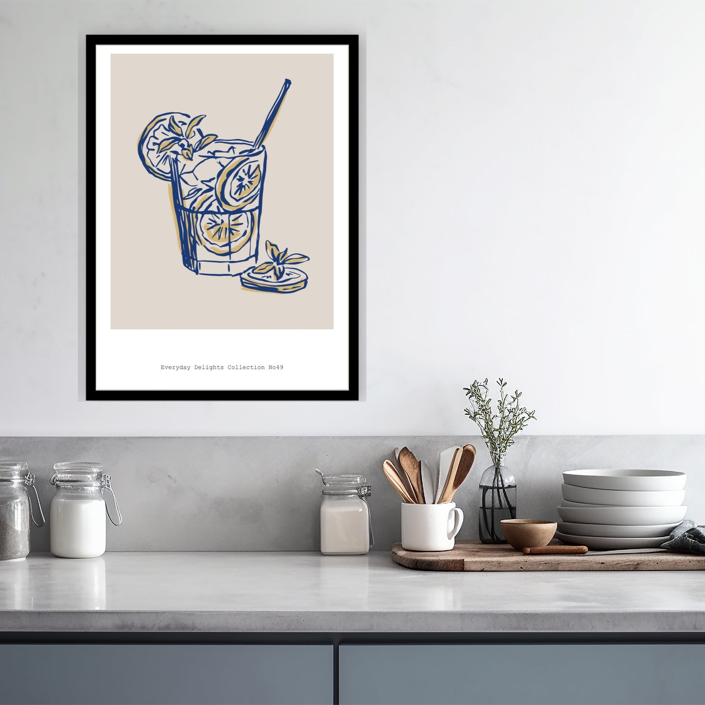 Art Bohème – en serie fargerike og grafiske plakater inspirert av mat, drikke og hverdagsglede. Illustrasjon viser motiv No49 fra serien i sort ramme.