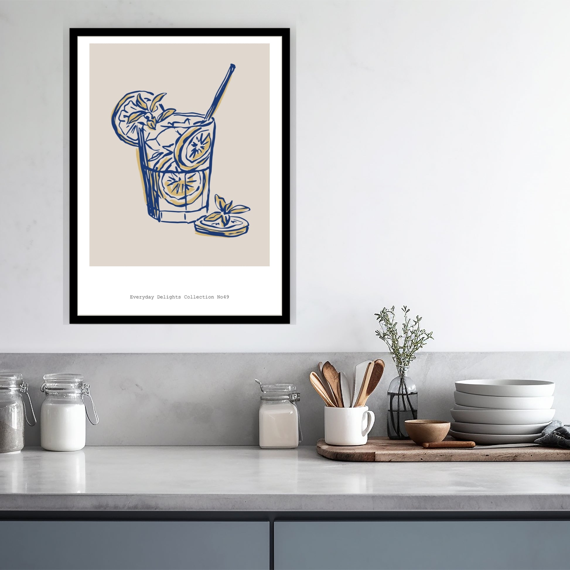 Art Bohème – en serie fargerike og grafiske plakater inspirert av mat, drikke og hverdagsglede. Illustrasjon viser motiv No49 fra serien i sort ramme.