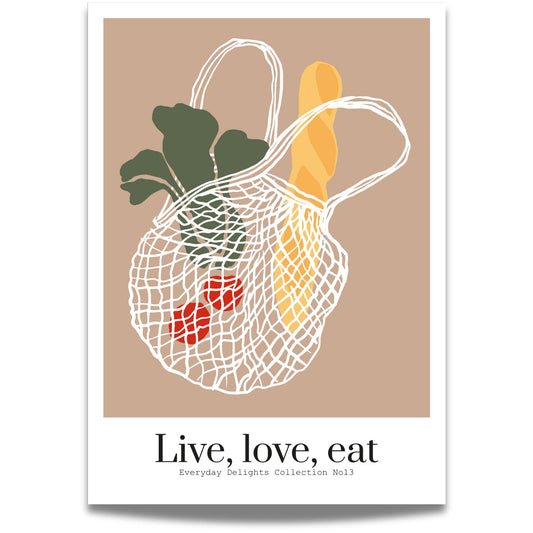 Et moderne motiv av handlenett med friske råvarer og teksten Live, love, eat – enkelt og ekte.