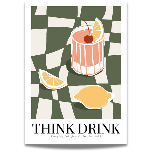 Et friskt drinkmotiv i moderne strek og røff sjakkrute – teksten Think drink fullfører stilen.