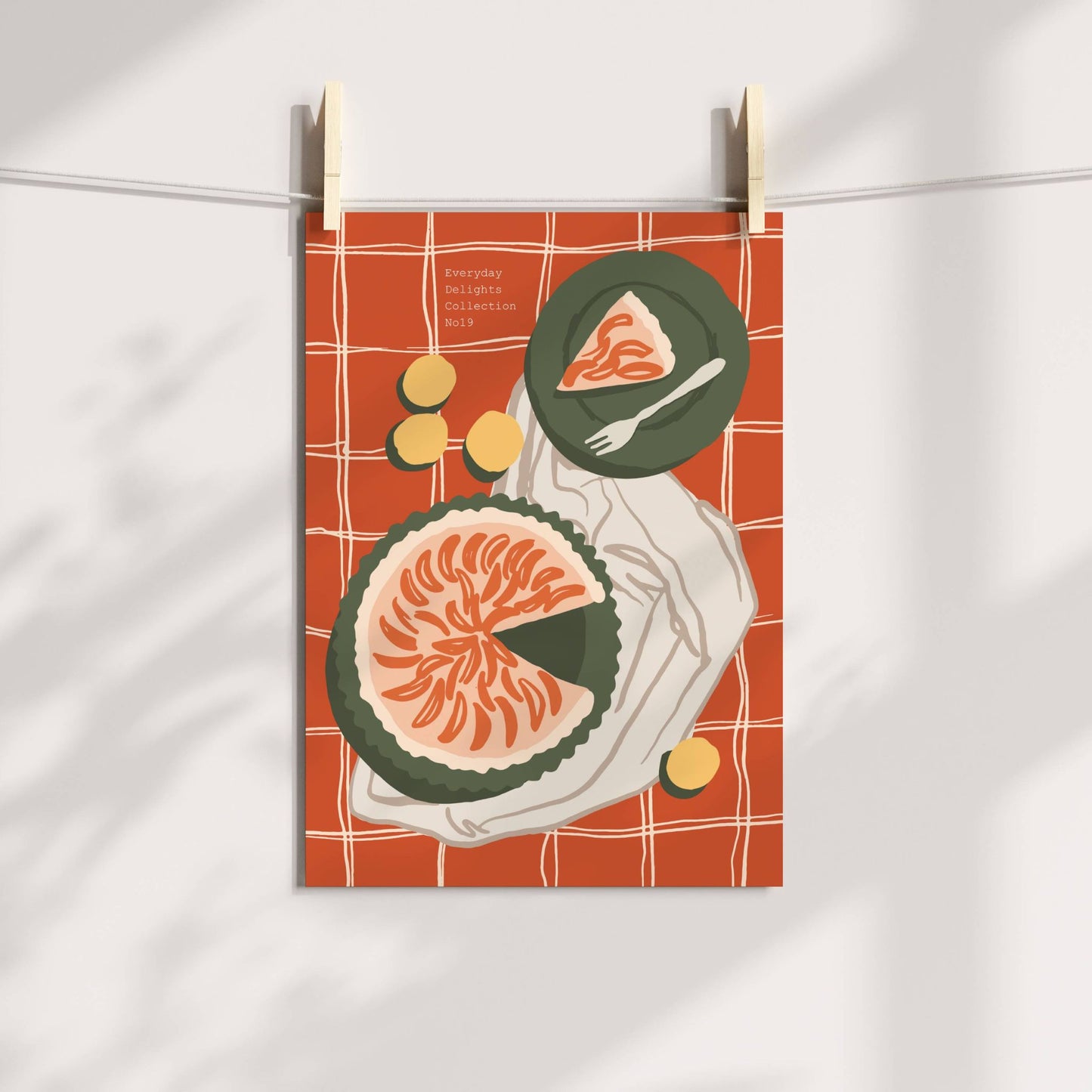 Et kraftfullt og detaljert fruktstilleben med sterk fargebruk og moderne uttrykk. Illustrasjon viser plakat på print.