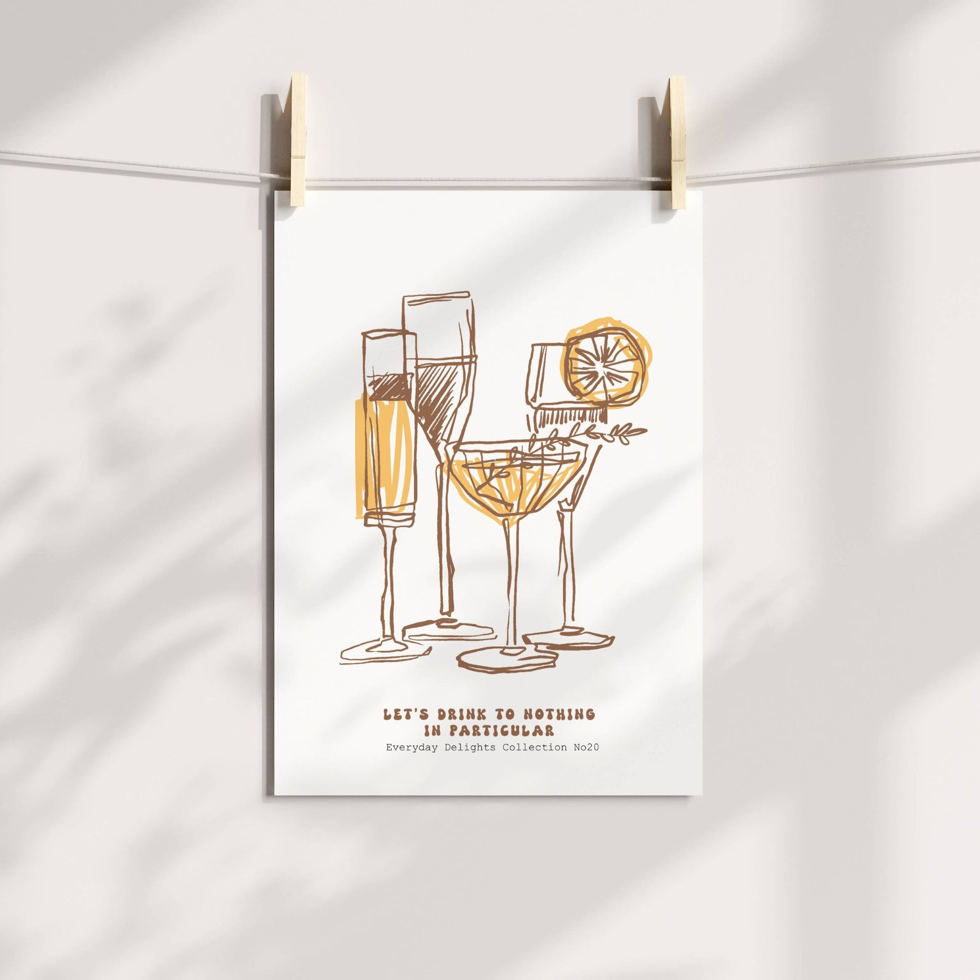 Fire ulike glass i strekstil med sitron og bobler – under teksten "Let’s share to nothing in particular". Illustrasjon viser plakat på print.