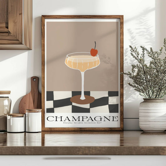 Sofistikert plakat med glass på flislagt underlag – minimalistisk og dekorativ barvegg-kunst - i mørk ramme.