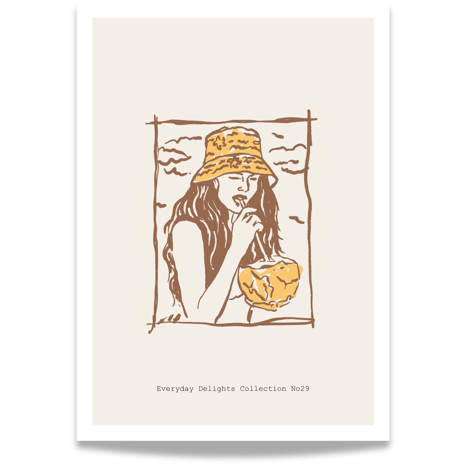 Sommersk portrett med frukt, bøttehatt og uformell sjarm – retro og lett kunstplakat.