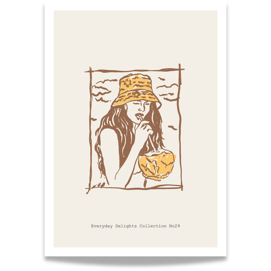 Sommersk portrett med frukt, bøttehatt og uformell sjarm – retro og lett kunstplakat.