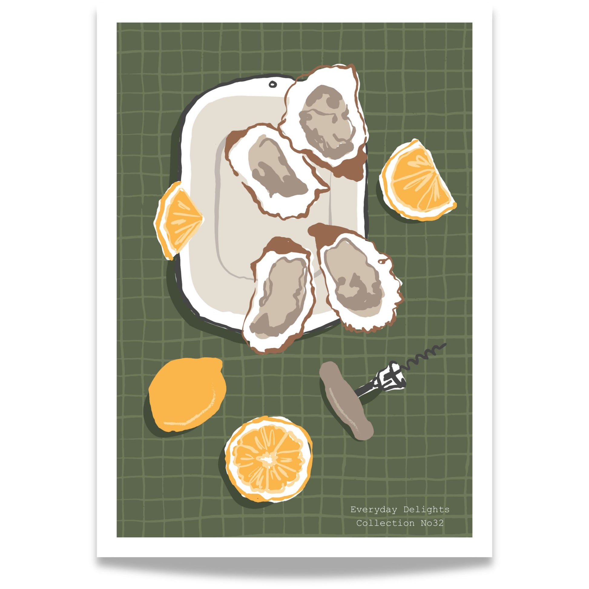 Elegant sjømatplakat med østers og sitron på brett – delikat og grafisk i grønne toner