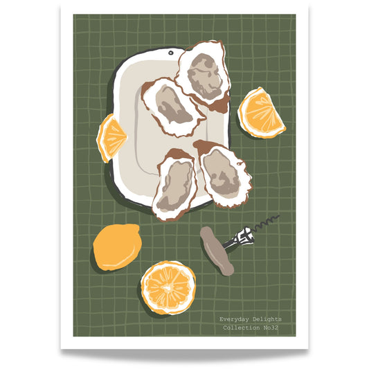 Elegant sjømatplakat med østers og sitron på brett – delikat og grafisk i grønne toner