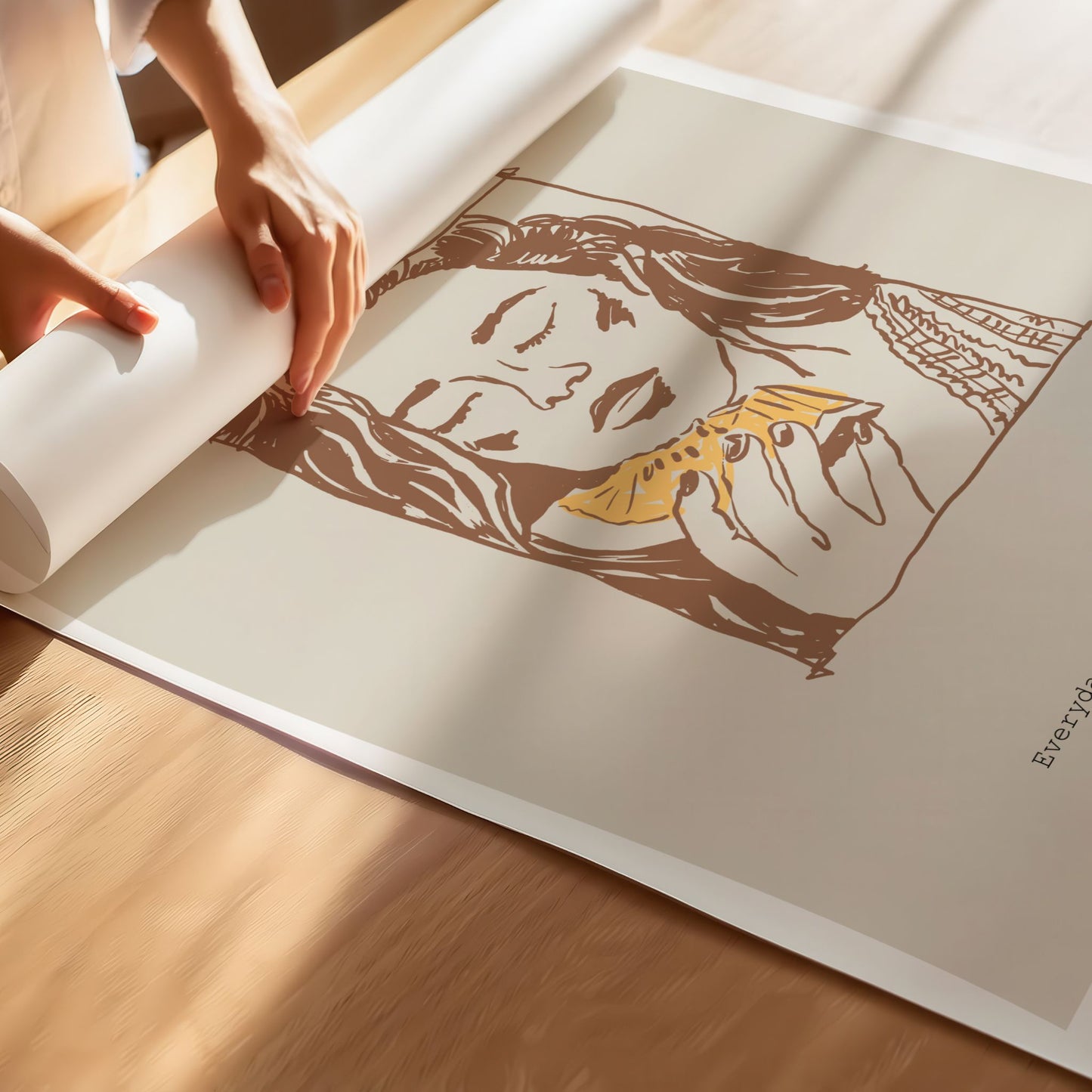 Et nært, drømmende portrett i varm strek – stille og estetisk. Illustrasjon viuser plakat på print.