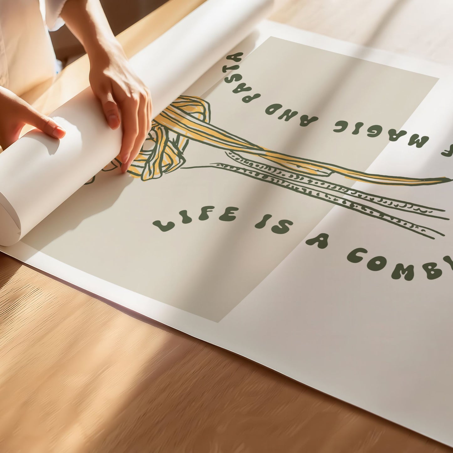 Et ikonisk motiv for pastaglade, med teksten “Life is a combination of magic and pasta”. Illustrasjon viser plakat på prinjt.