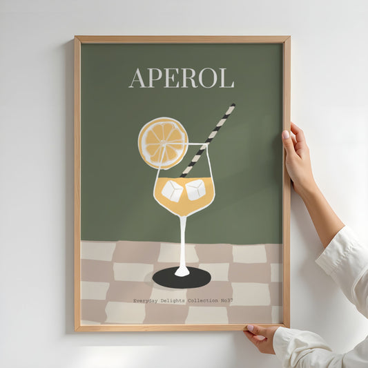 En moderne drinkillustrasjon med klare fargekontraster og elegant oppsett. Illustrasjon viser plakat i eik ramme.