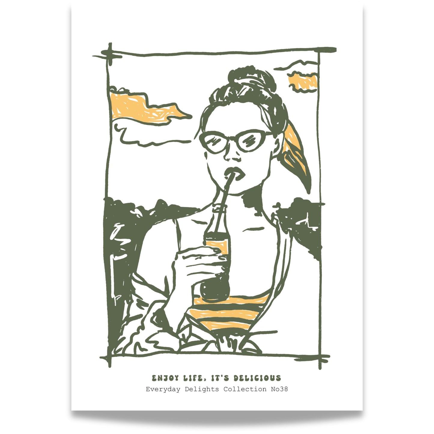 En avslappet kvinne med brusflaske – teksten "Enjoy life. It's delicious." sier alt.