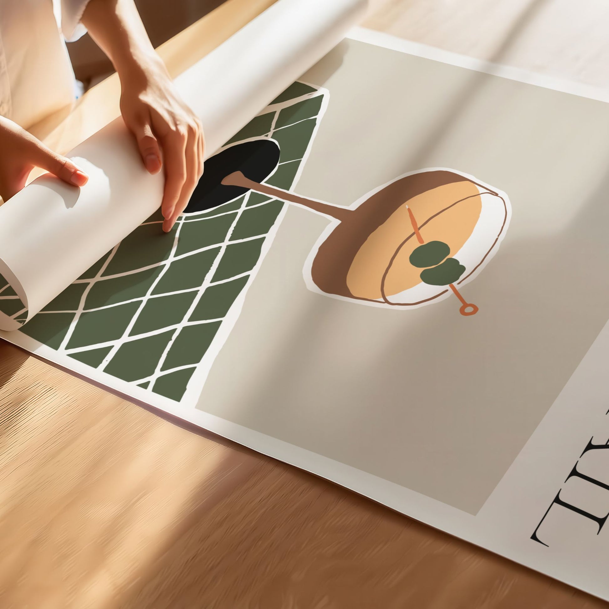 En sofistikert, nesten arkitektonisk vinkel på cocktailglass med oliven – minimalistisk og elegant. Illustrasjon viser plakat på print.
