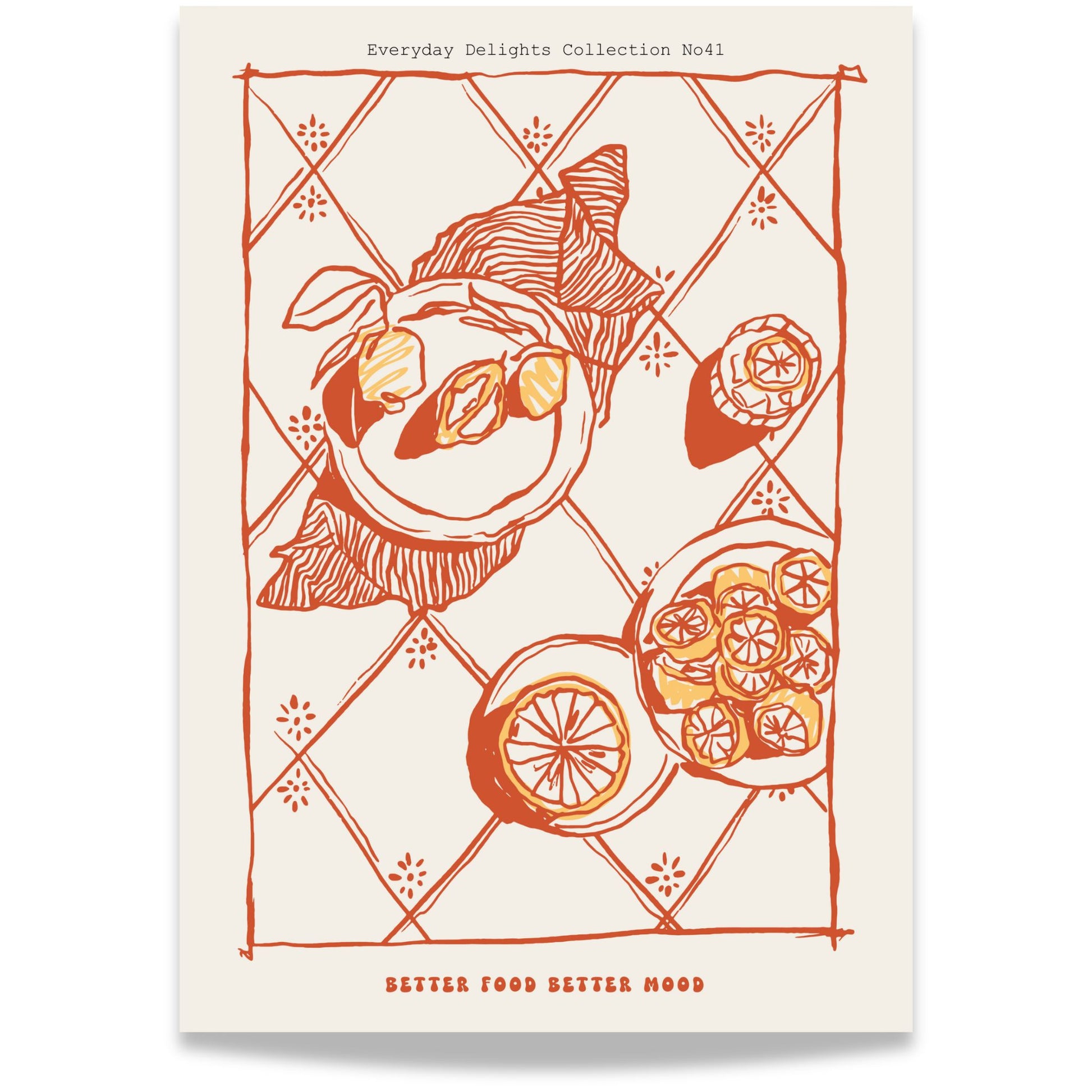 Everyday Delights No41 – Sitrus og solhatt – grafisk sommerplakat i oransje toner.