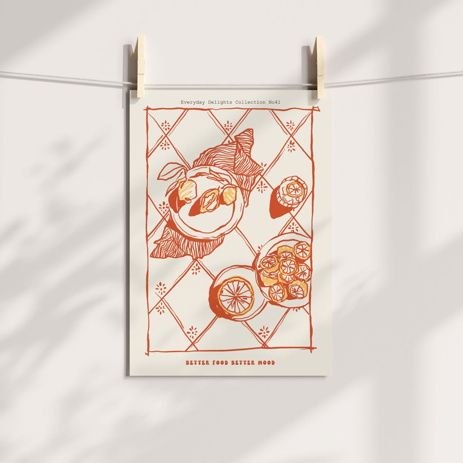 Everyday Delights No41 – Sitrus og solhatt – grafisk sommerplakat i oransje toner. illustrasjn viser plakat på print.