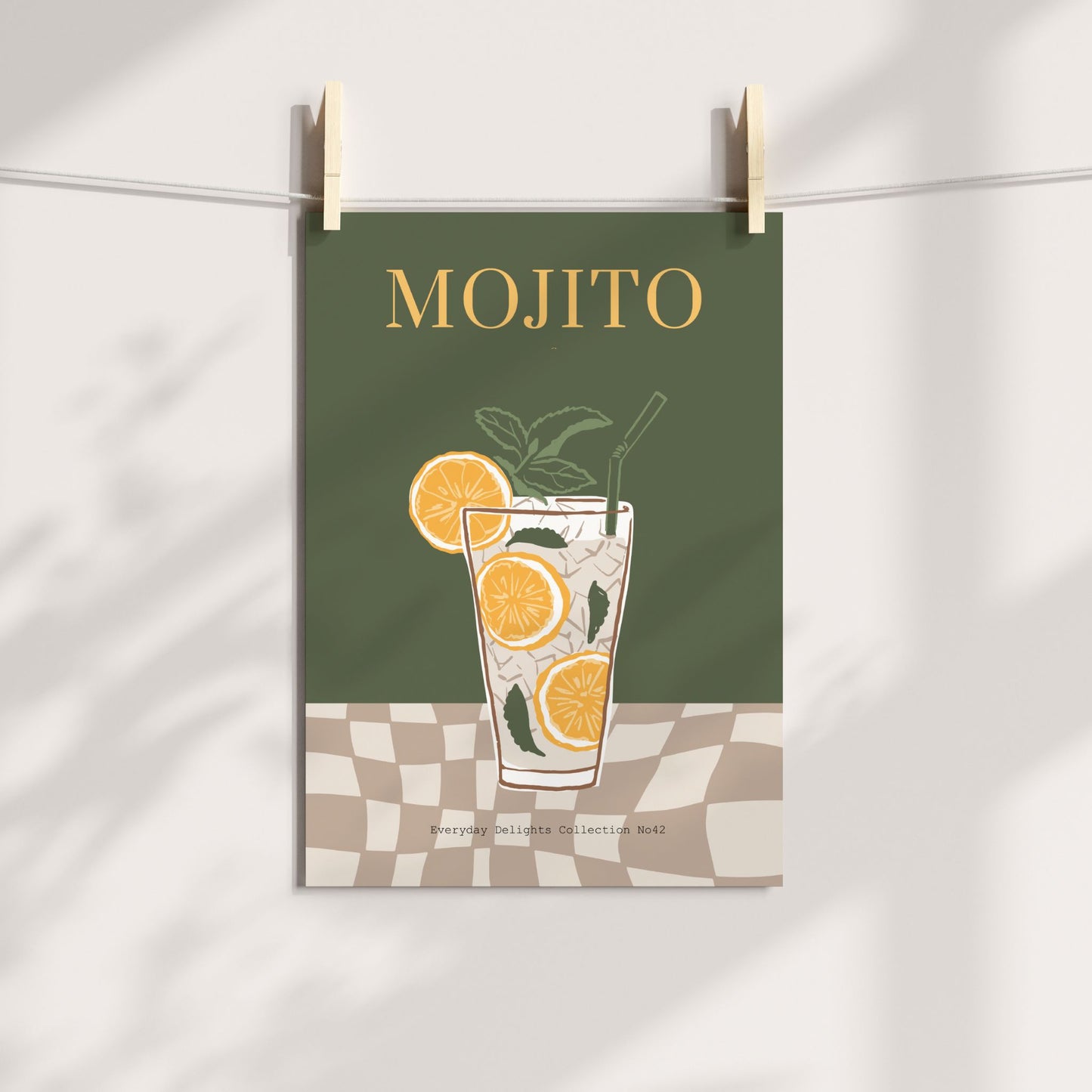 Everyday Delights No42 – Mojito med appelsin – illustrert cocktailplakat. Illustrasjon viser plakt på print.