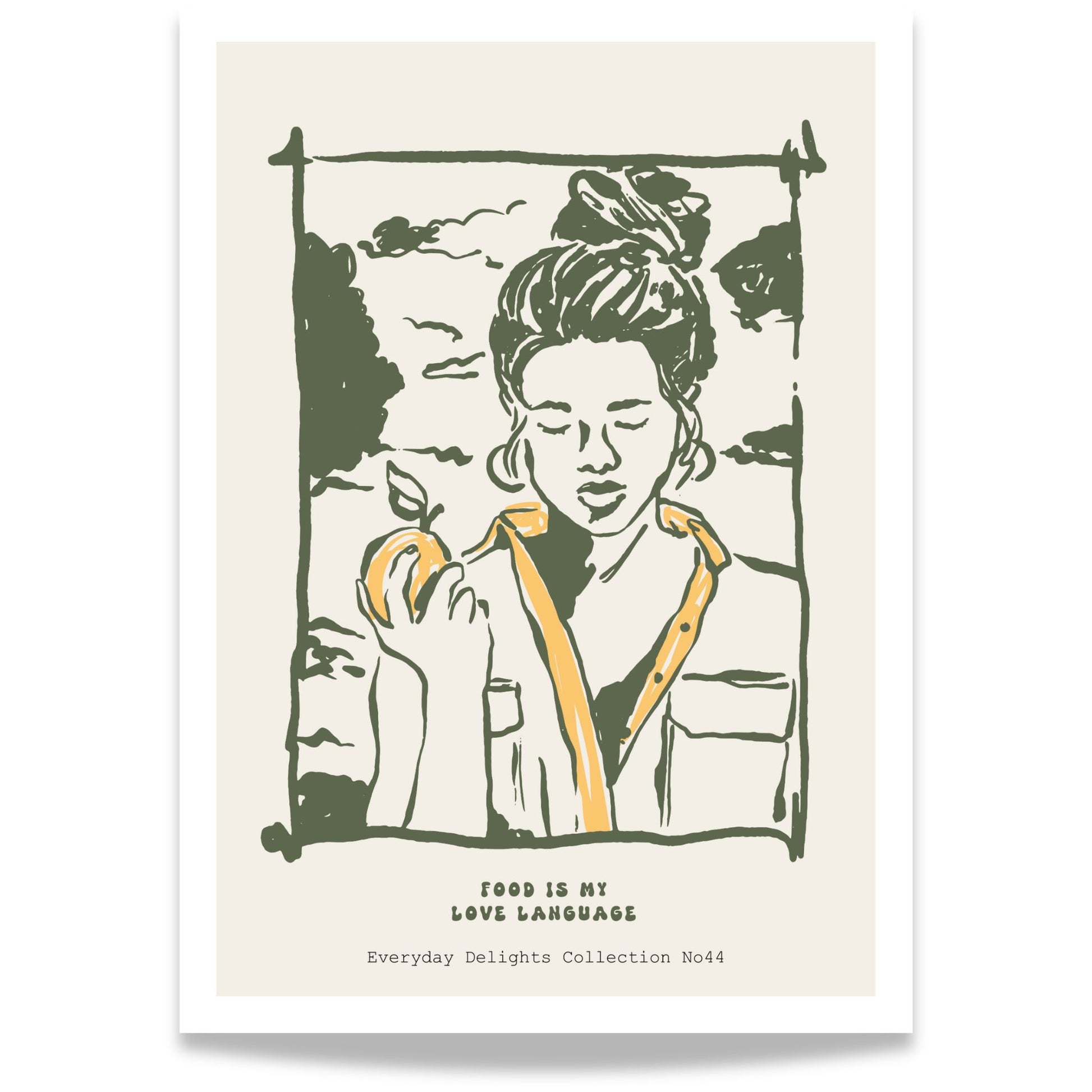 Everyday Delights No44 – Kvinne med håret opp og eple – portrettplakat med rolig stemning